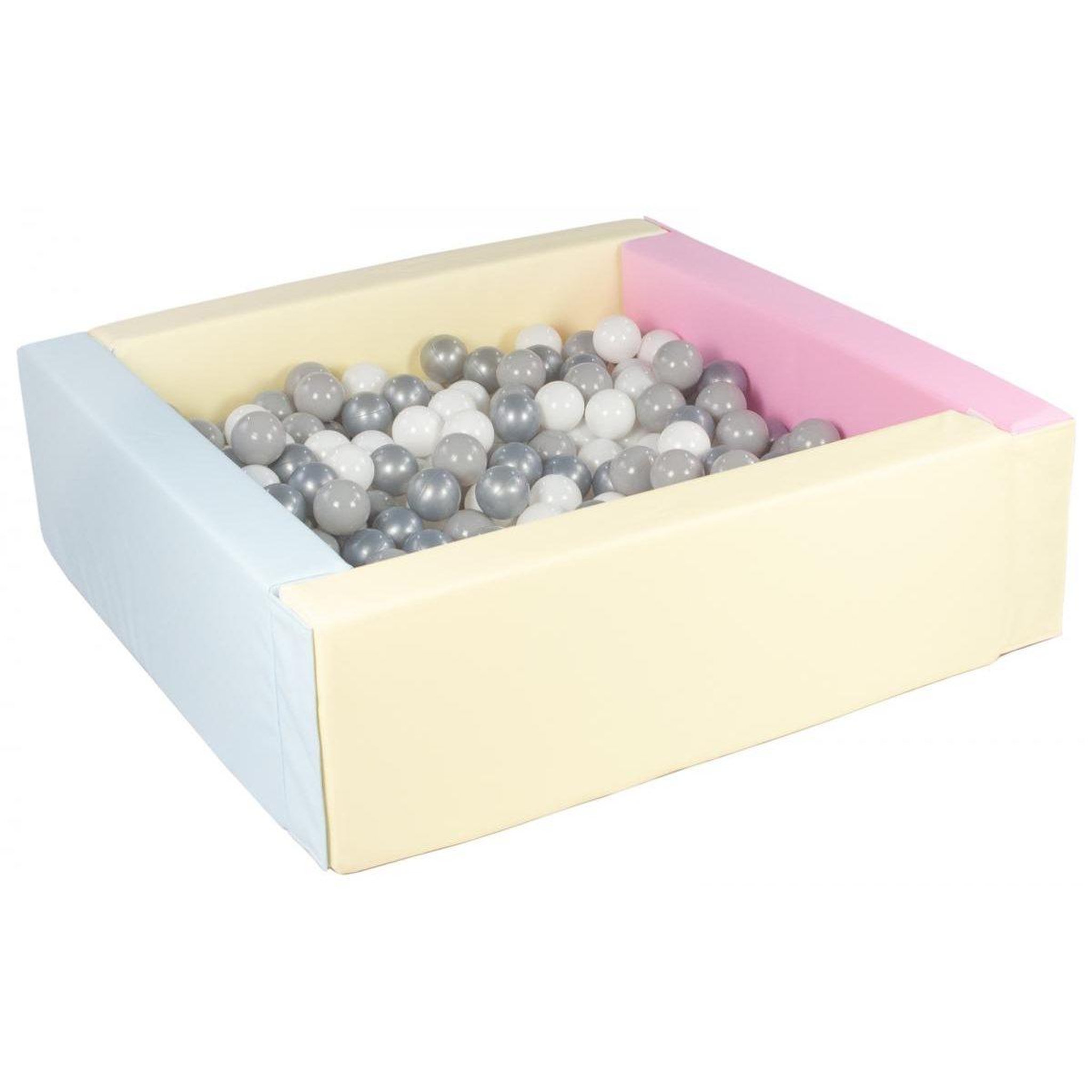 VELINDA Piscine à balles carrée avec 300 balles - rose, bleu, jaune (pastel)/blanc, gris, argent