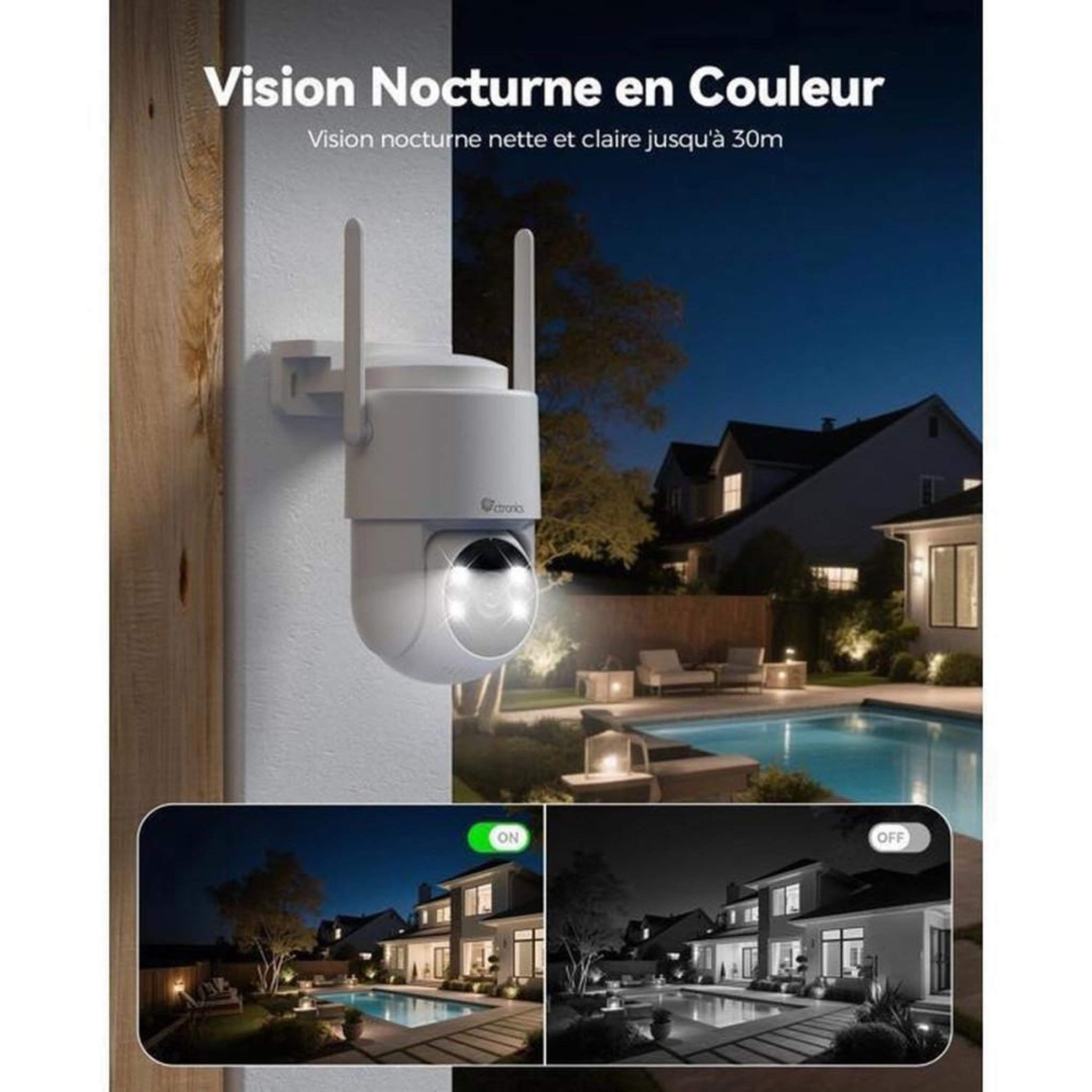 Voir la diapositive 6 : Caméra de sécurité WiFi PTZ 5MP extérieure dôme multi-angle 355°/90°, vision nocturne couleur jusqu'à 30 m, détection IA humain/véhicule/animal, double bande 2,4/5 GHz