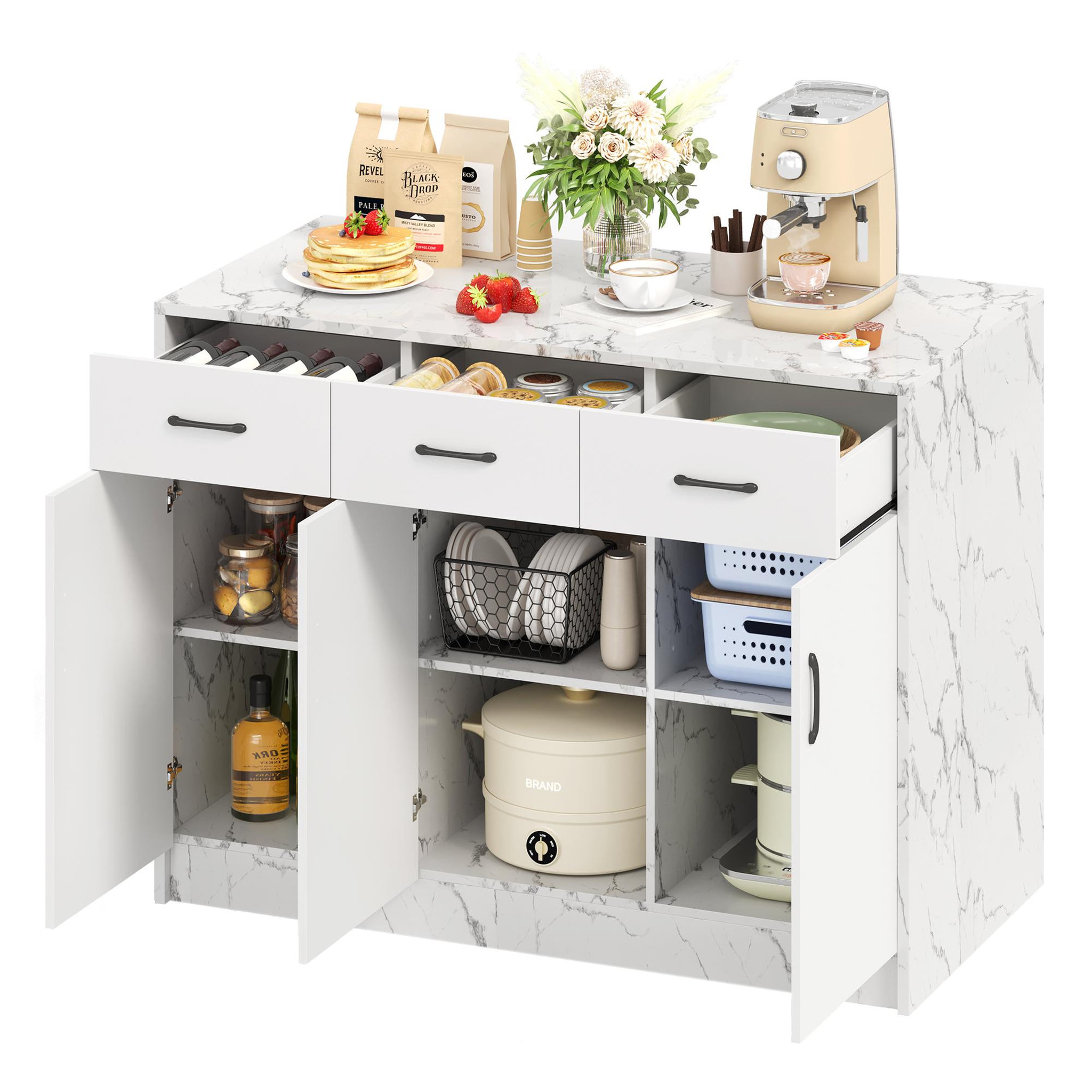 MERAX Ilot de cuisine 3 portes 3 tiroirs coloris blanc mdf