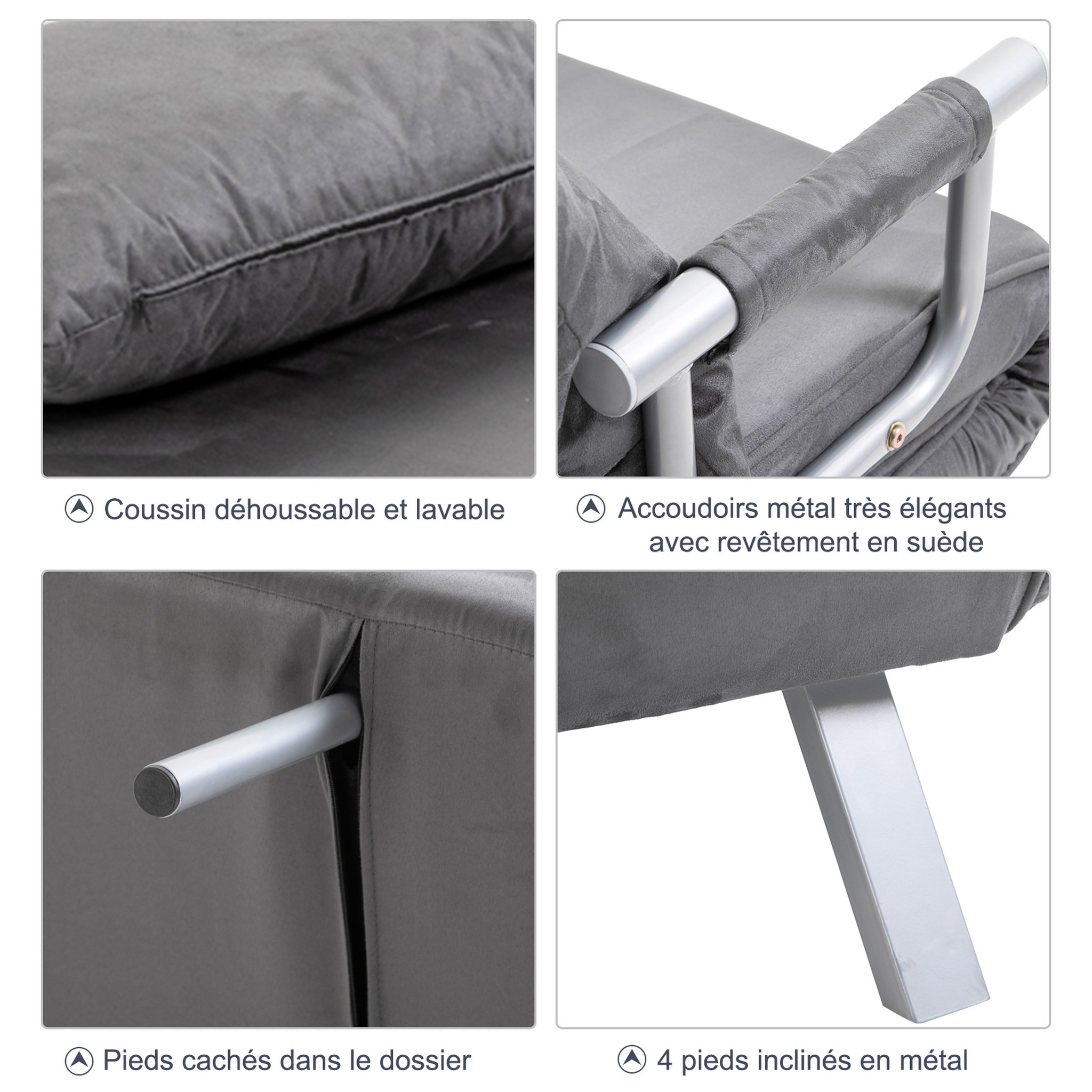 Voir la diapositive 5 : HOMCOM Fauteuil chauffeuse canapé-lit convertible 1 place déhoussable grand confort coussin pieds accoudoirs métal suède gris