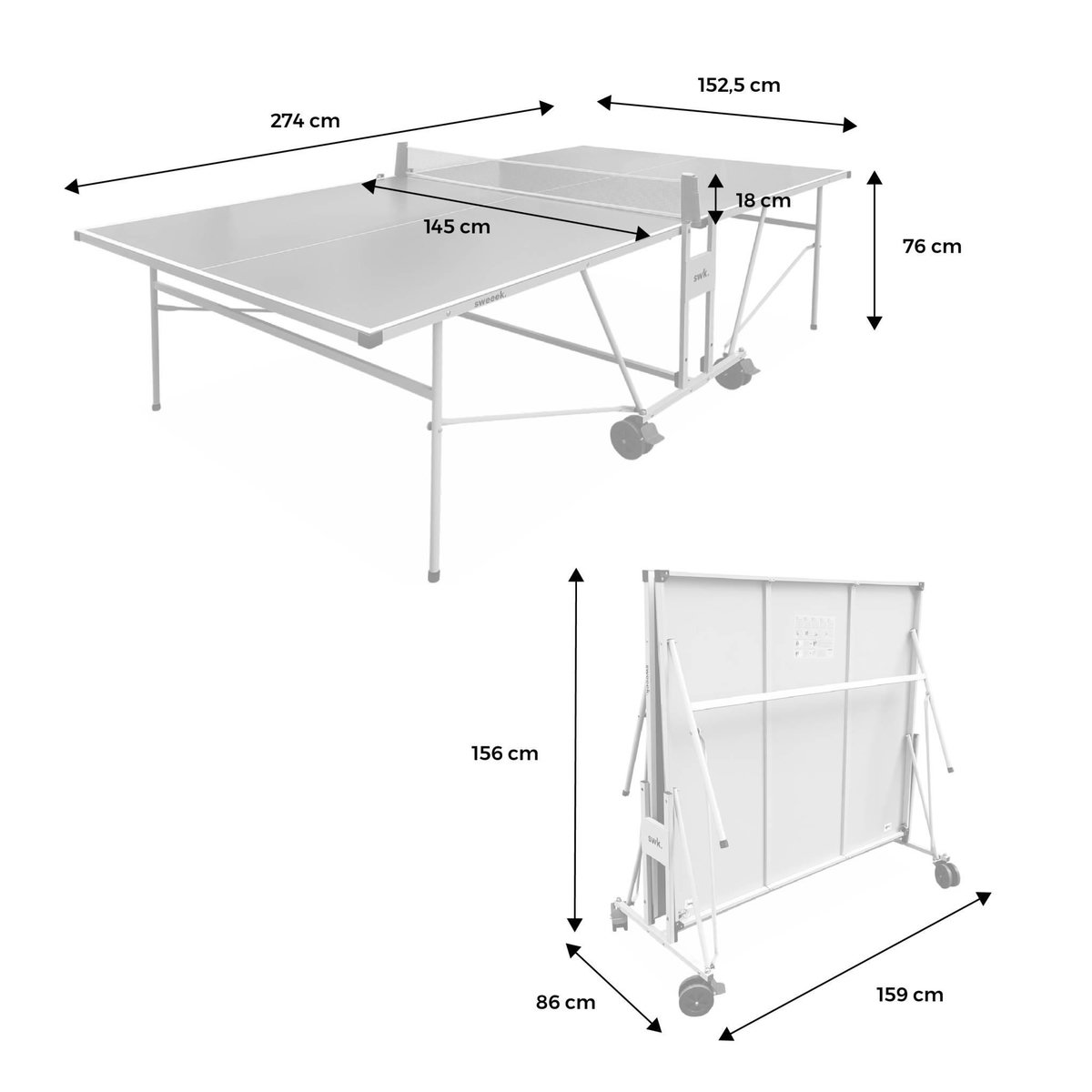 SWEEEK Table de ping pong OUTDOOR, avec 2 raquettes et 3 balles, pour utilisation extérieure, sport tennis de table