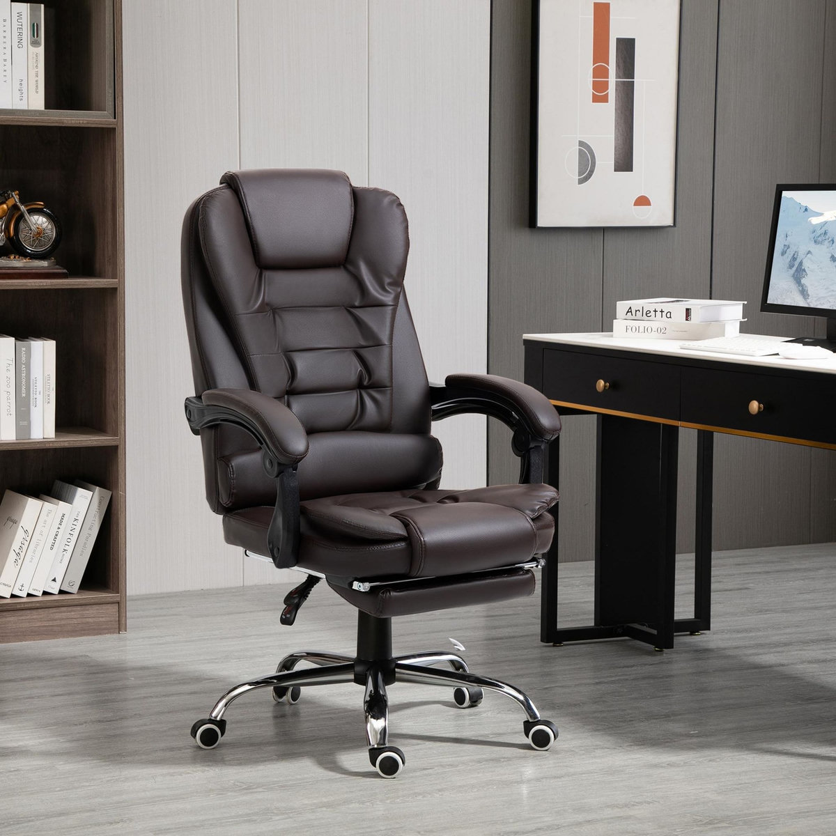 HOMCOM Fauteuil de bureau fauteuil manager grand confort réglable dossier inclinable repose-pied revêtement synthétique chocolat