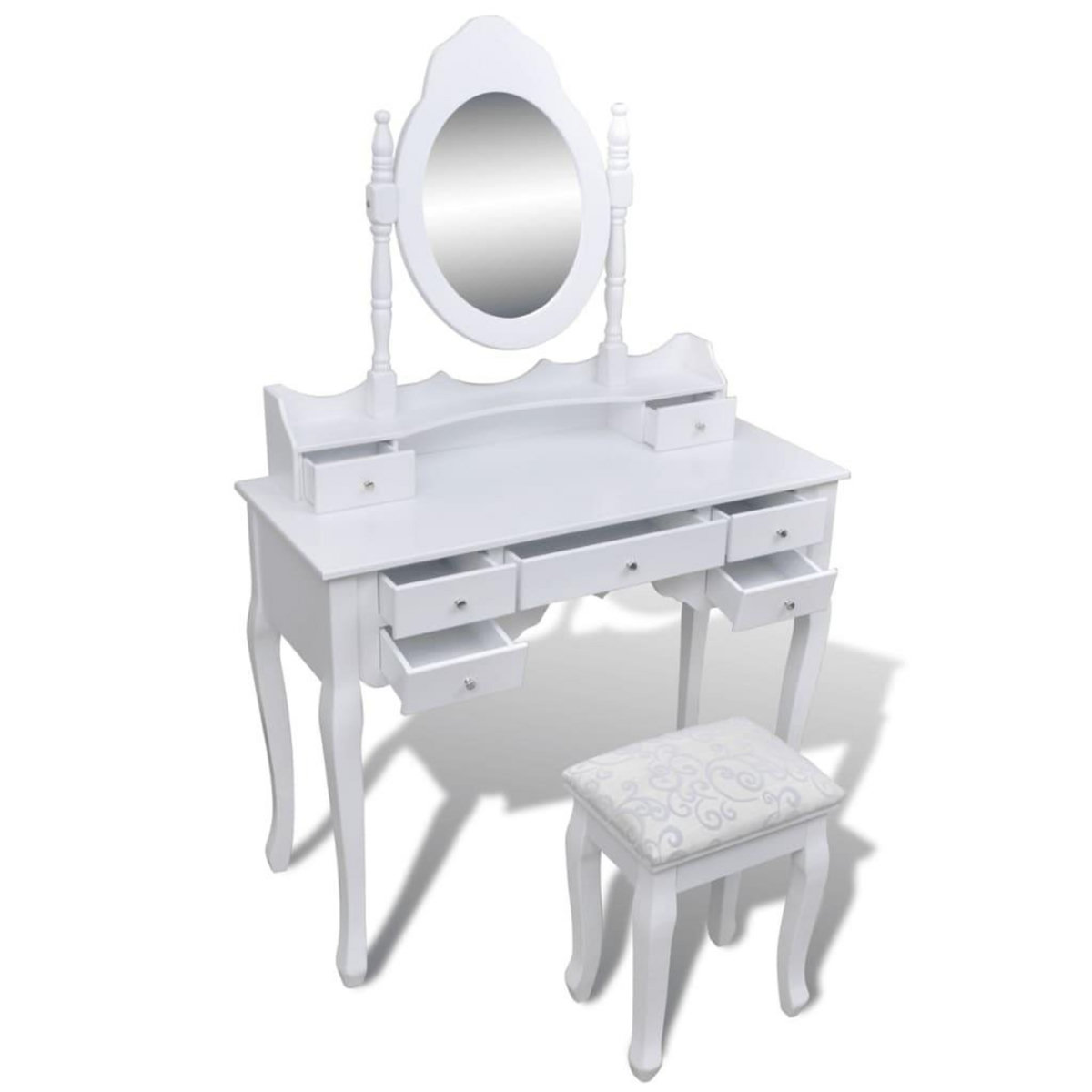VIDAXL Coiffeuse avec miroir et tabouret 7 tiroirs Blanc