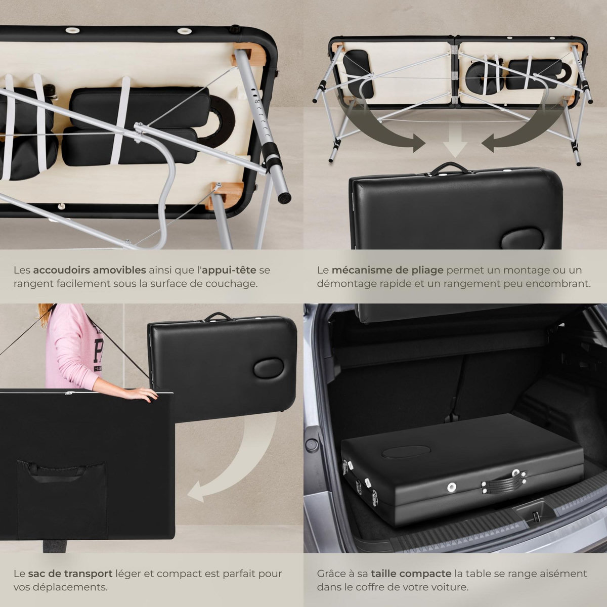 tectake Table de massage portable pliante 2 zones avec sac de transport inclus noir