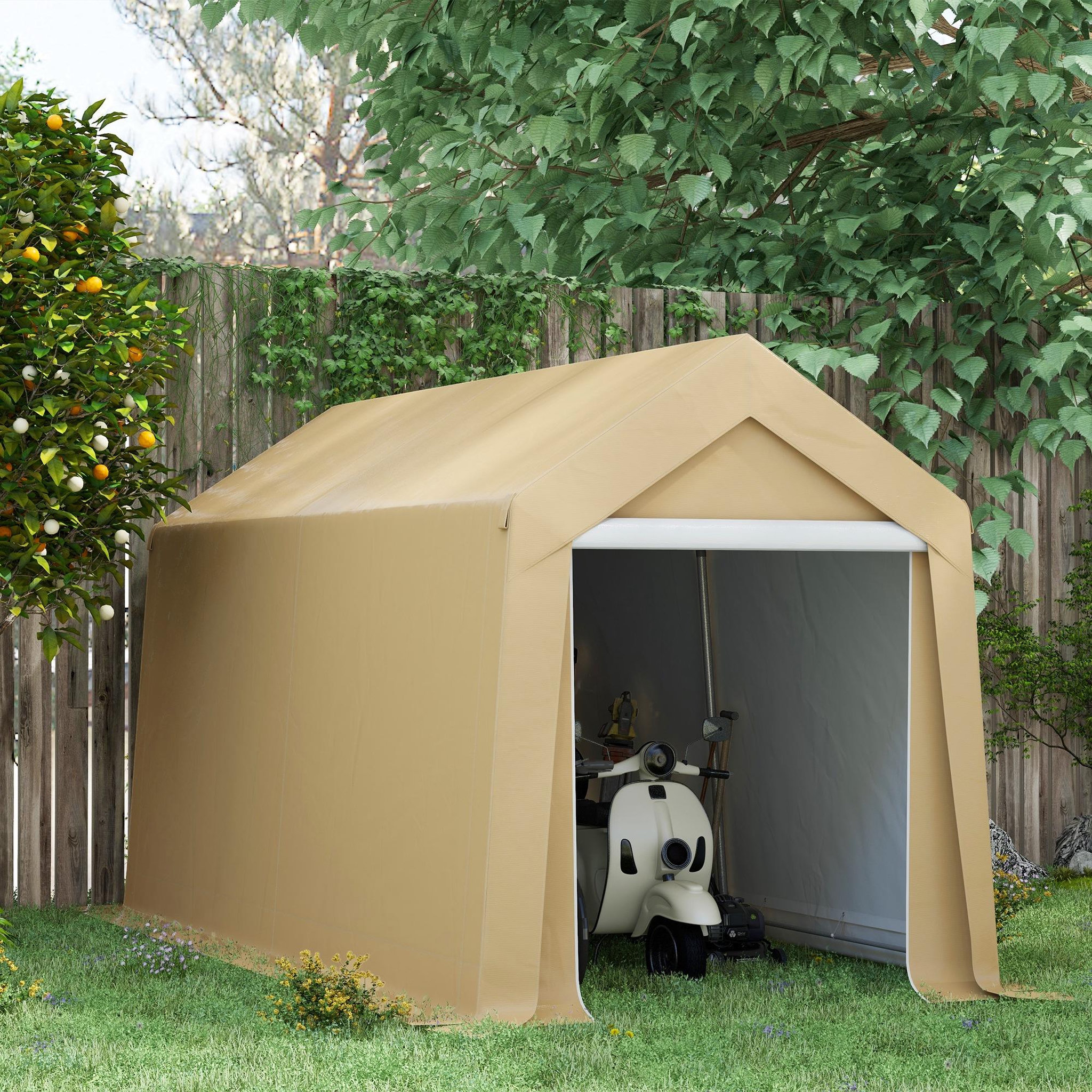 Voir la diapositive 2 : OUTSUNNY Abri de jardin - abri vélo - tente de stockage dim. 2 x 3,6 m - acier galvanisé PE imperméable anti-UV beige