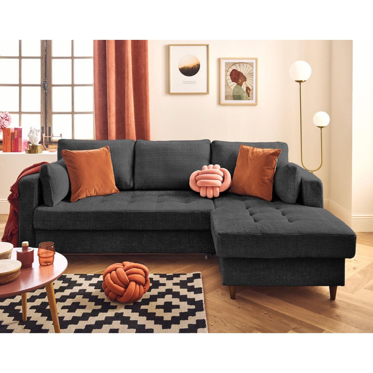 LISA DESIGN Anna - canapé d'angle droit 4 places convertible avec coffre en velours texturé