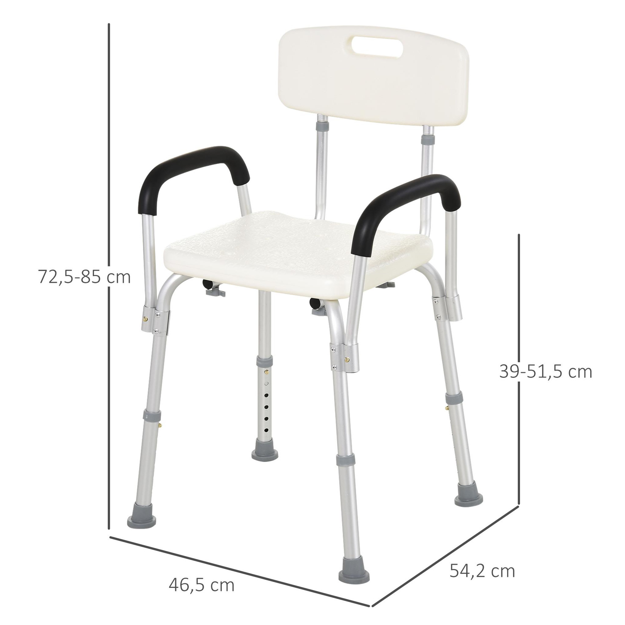 Voir la diapositive 3 : HOMCOM Chaise de douche siège de douche ergonomique hauteur réglable pieds antidérapants dossier accoudoirs amovibles charge max. 136 kg alu hdpe blanc