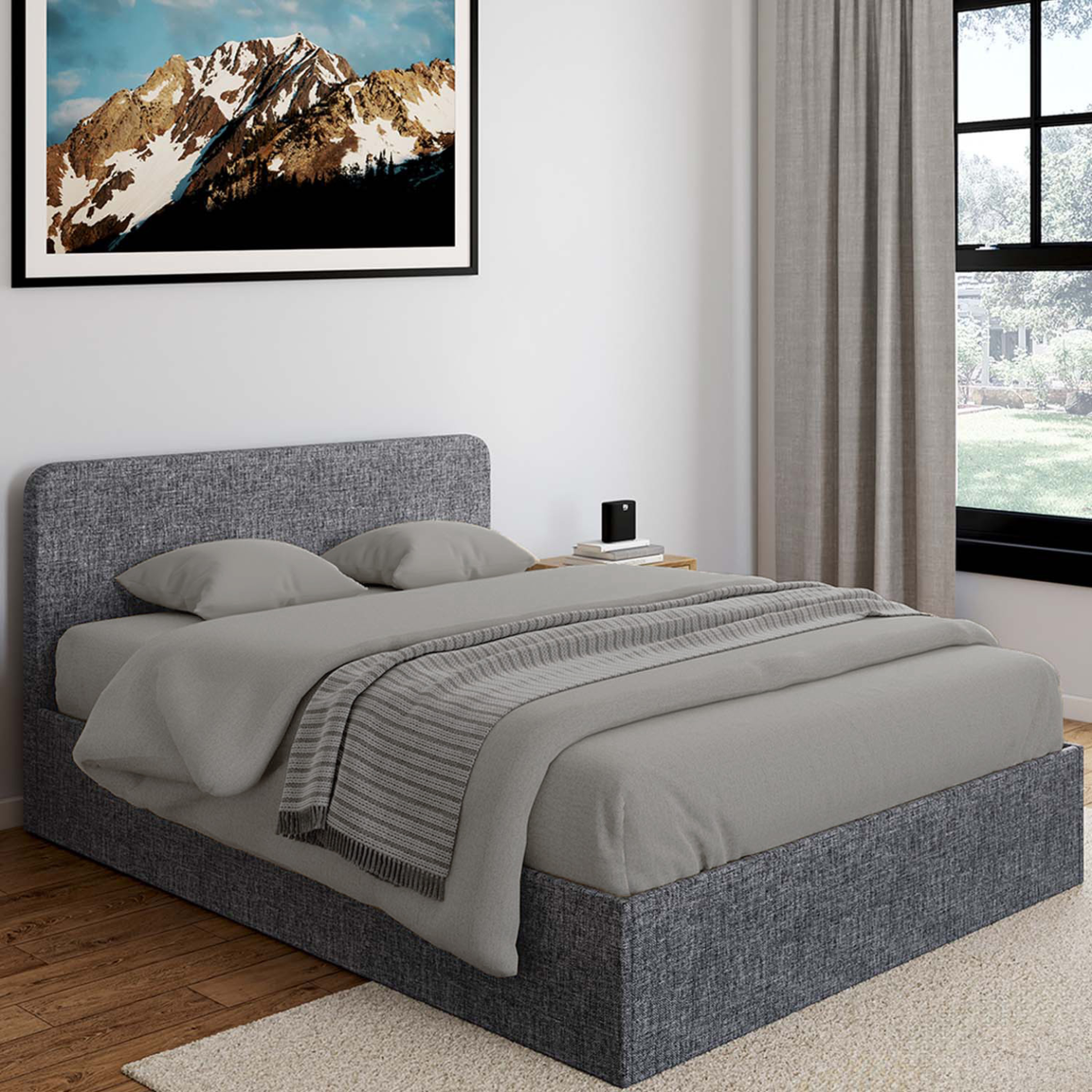 Voir la diapositive 4 : ID MARKET Lit coffre double norfolk avec tête de lit et sommier 140 x 190 cm tissu gris anthracite