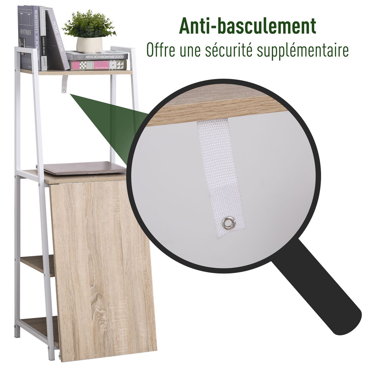 HOMCOM Bureau pliable rabattable - bureau bibliothèque 2 en 1 - 4 étagères - imitation bois chêne clair métal blanc