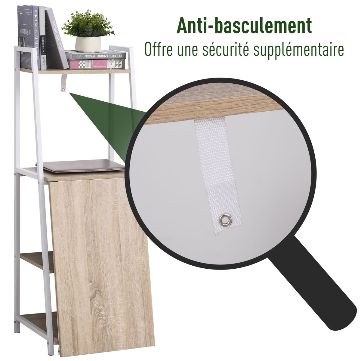 HOMCOM Bureau pliable rabattable - bureau bibliothèque 2 en 1 - 4 étagères - imitation bois chêne clair métal blanc