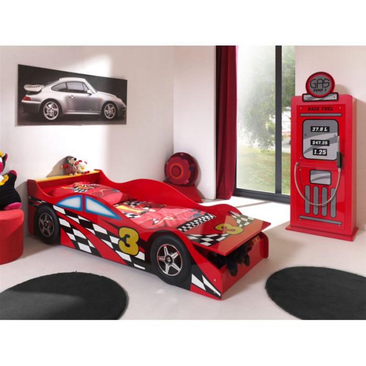 Paris Prix Pack - Lit Enfant Voiture  Race  & Armoire 1 Porte  Pompe à Essence  Rouge