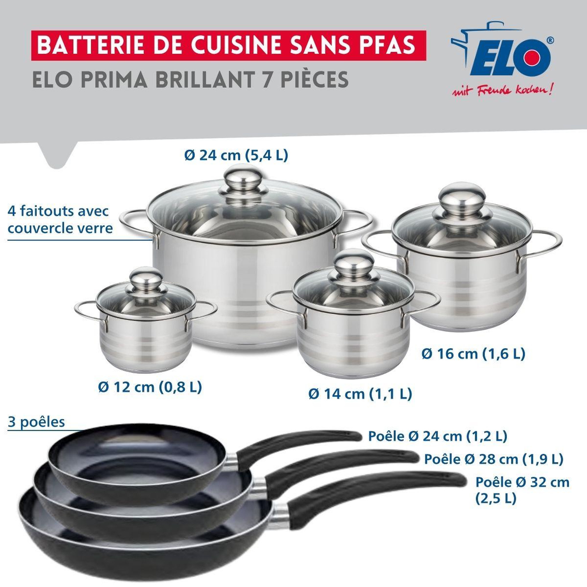 Voir la diapositive 2 : ELO Ensemble de 3 Poêles de cuisson 24, 28 et 32 cm et 4 faitouts 12, 14, 16 et 24 cm Elo Prima Brillant