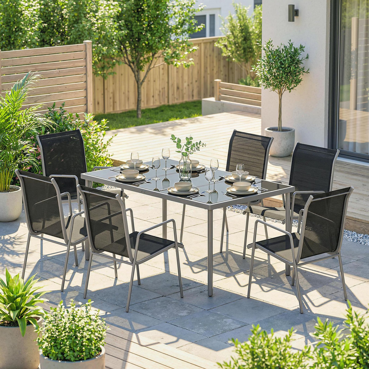 OUTSUNNY Salon de jardin 6 places 7 pièces chaises empilables métal gris