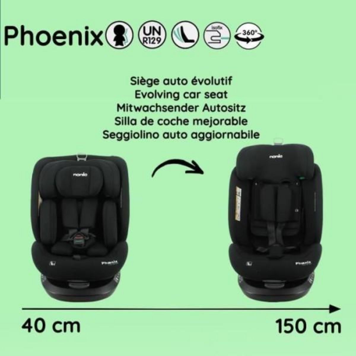 NANIA Siege Auto  isofix - NANIA - PHoeNIX - Groupe 0/1/2/3 - I-Size - Pivotant - Inclinable - Réducteur - Noir