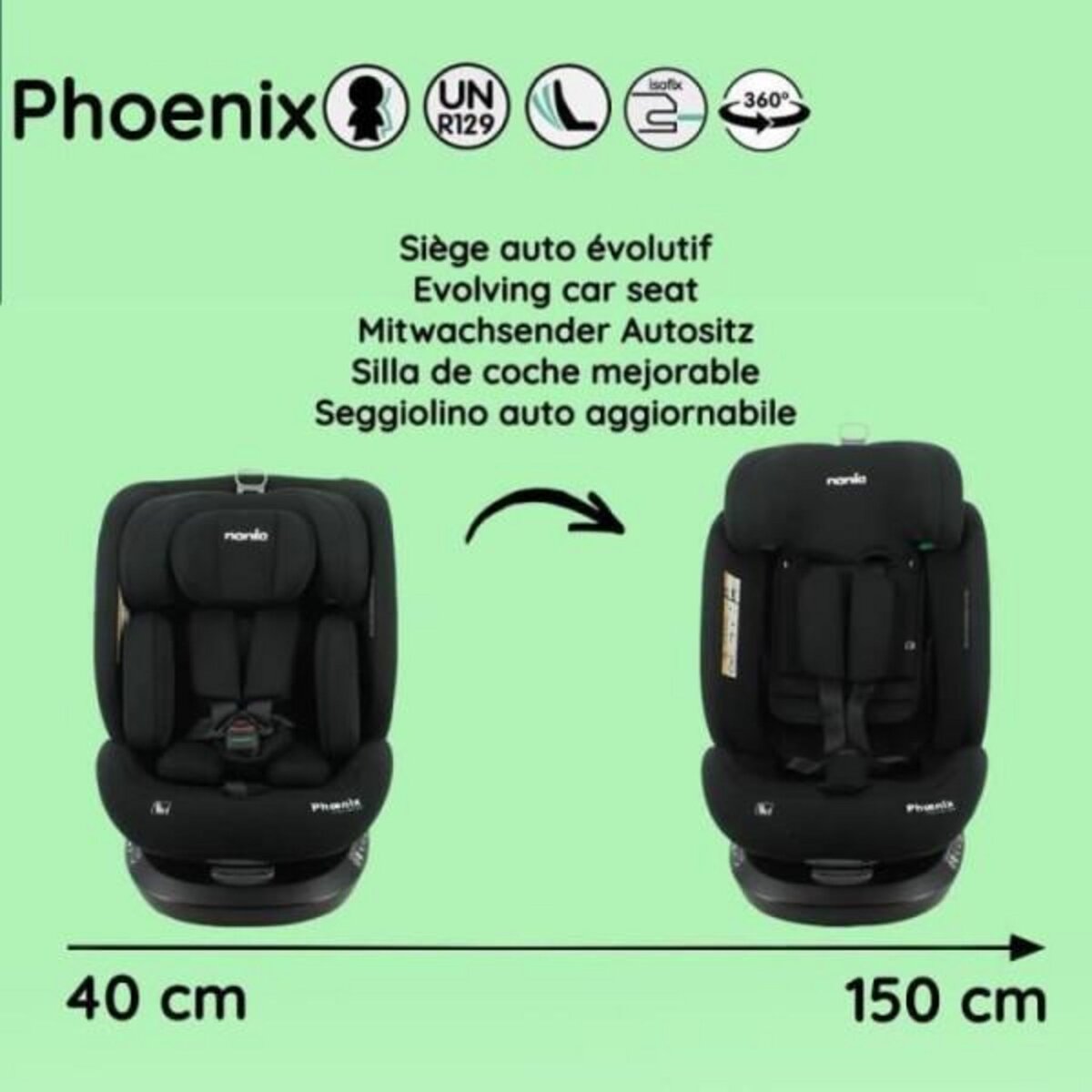 NANIA Siege Auto  isofix - NANIA - PHoeNIX - Groupe 0/1/2/3 - I-Size - Pivotant - Inclinable - Réducteur - Noir