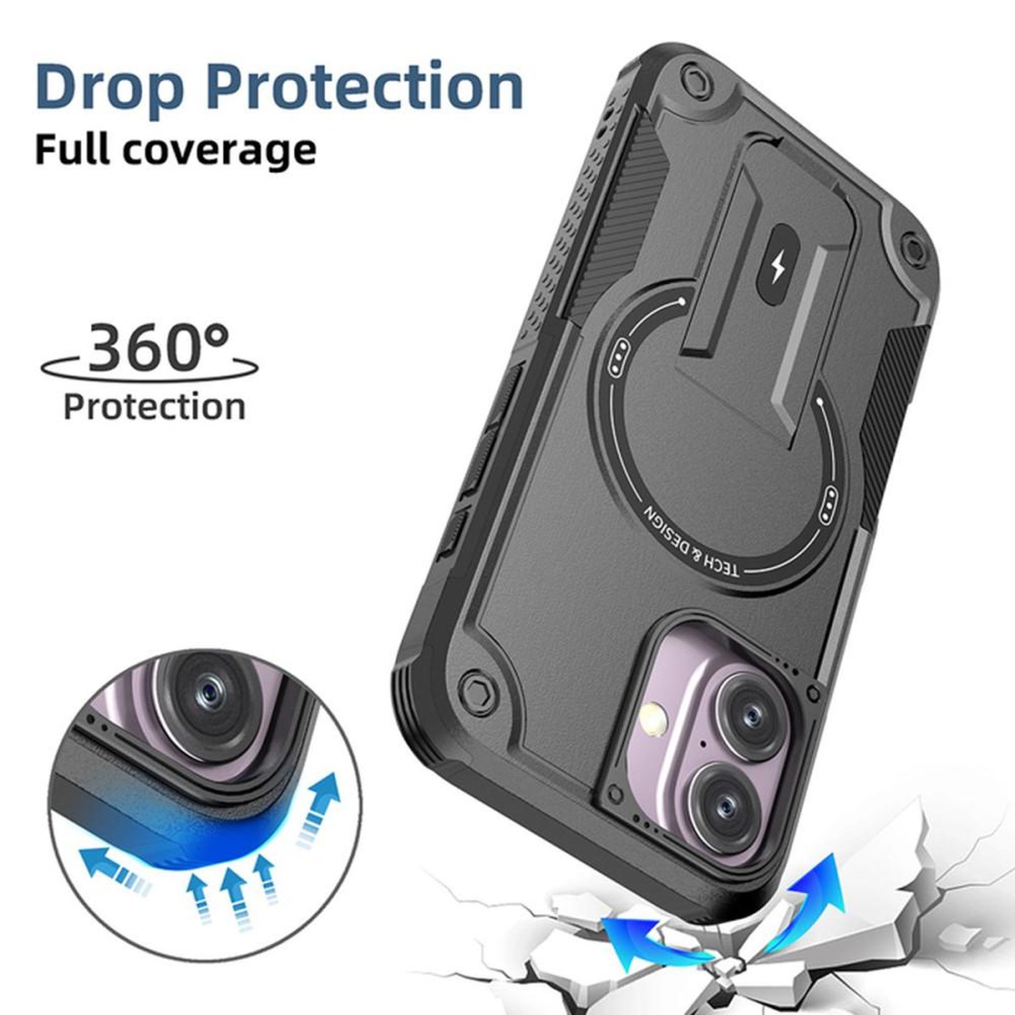 Voir la diapositive 3 : Coque iPhone 16 magnétique MagSafe noire HCT STYLE, protection 360° antichoc, bords relevés pour écran et caméra, angles renforcés, support intégré et compatible chargeur sans fil