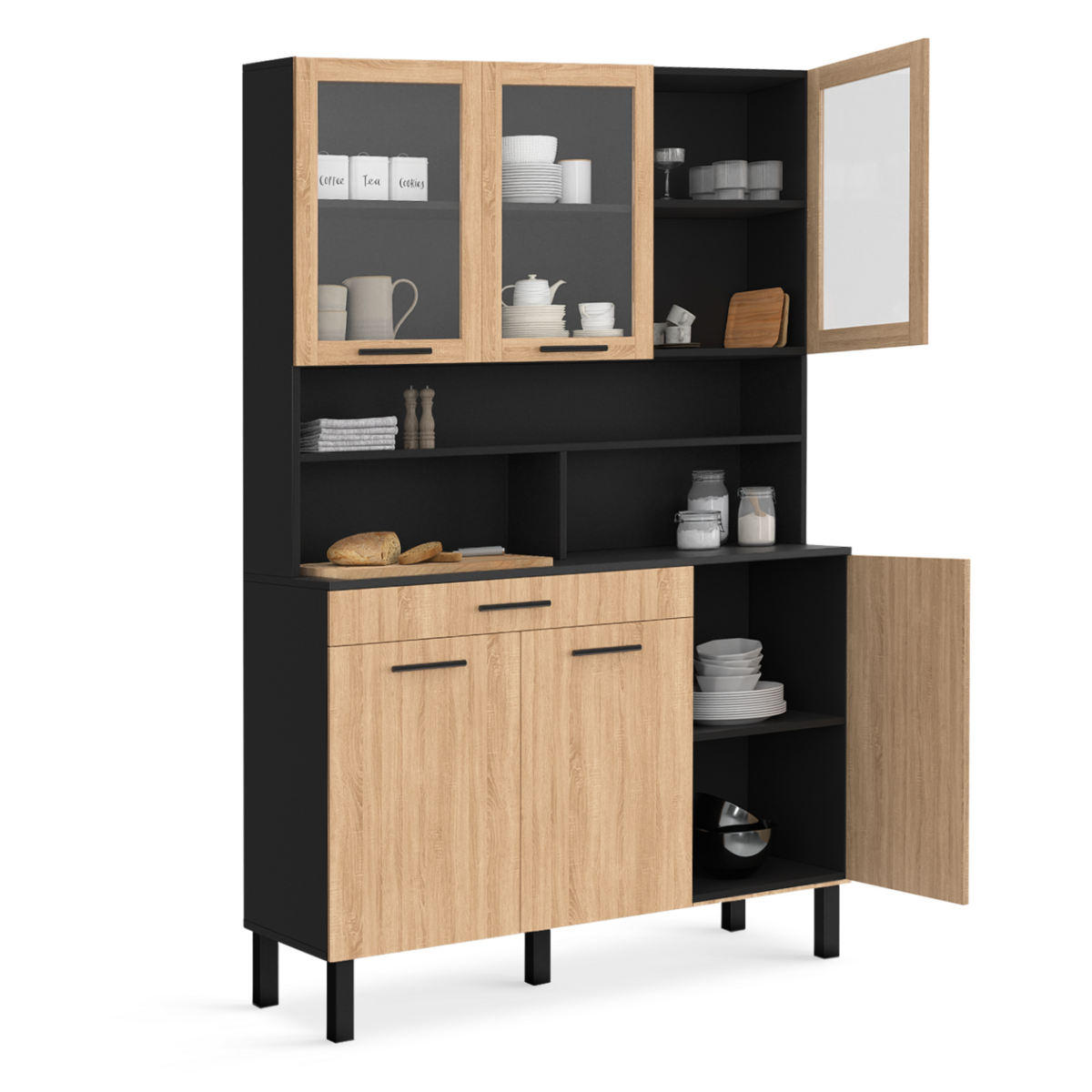 ID MARKET Buffet de cuisine vitré 120 CM CINA 6 portes + tiroir noir et façon hêtre