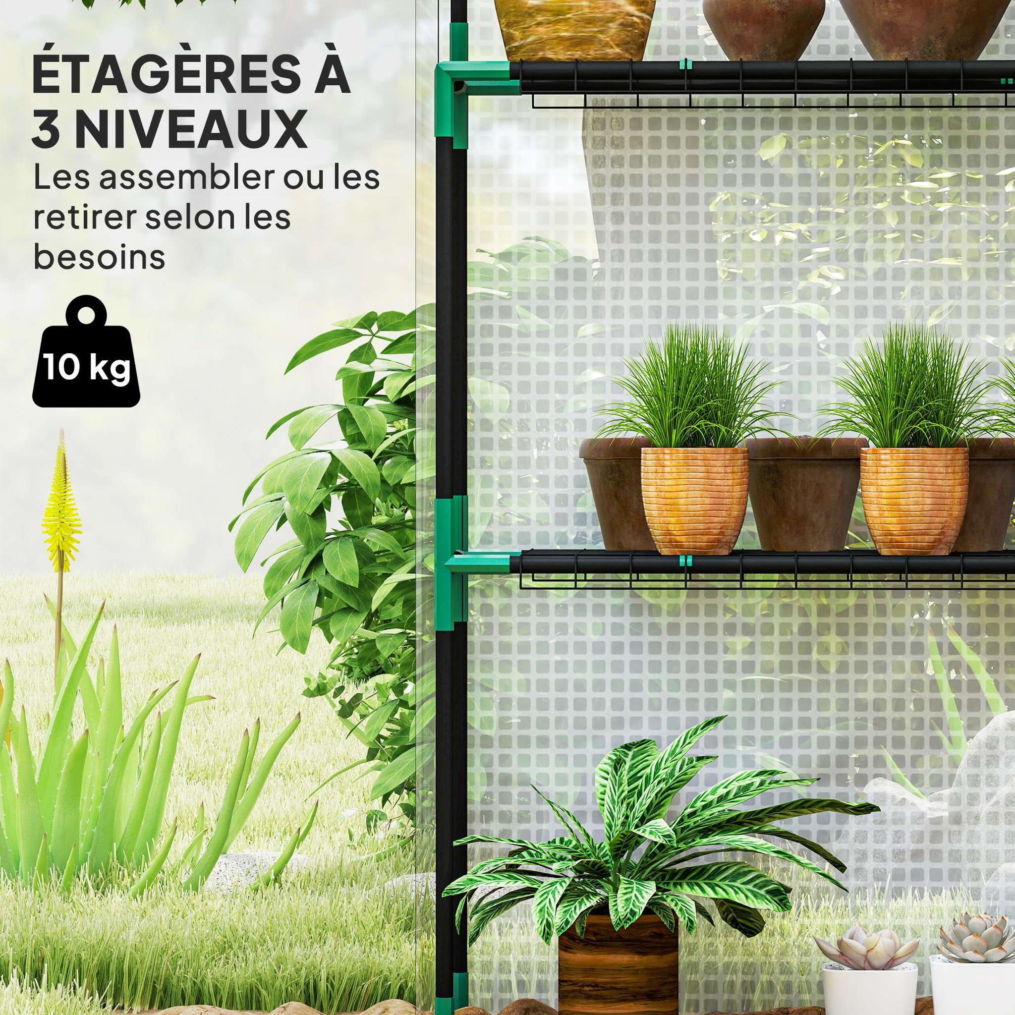 Voir la diapositive 6 : OUTSUNNY Serre de jardin 4 tablettes dim. 1,43l x 0,74l x 1,9h m porte déroulante fenêtre acier pe haute densité blanc