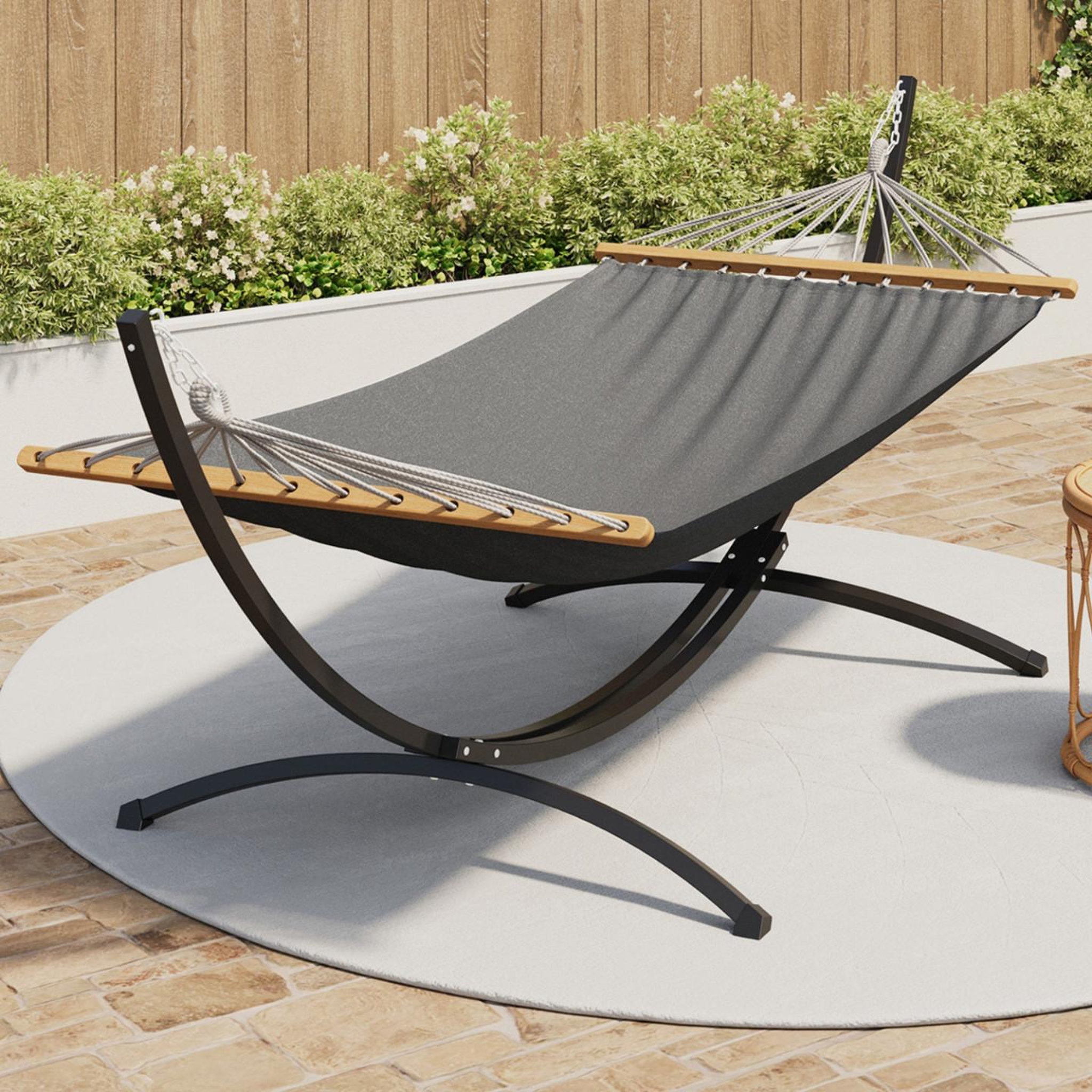 Voir la diapositive 2 : ID MARKET Hamac xl avec support métal noir et toile gris anthracite