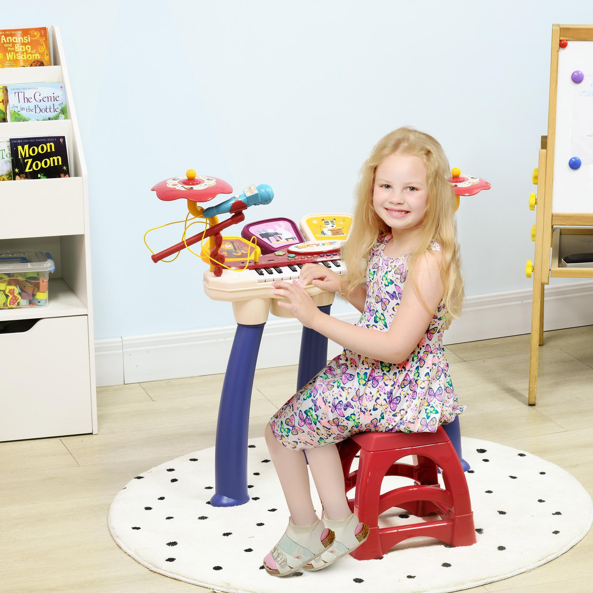 Voir la diapositive 2 : HOMCOM Jouet musical piano électronique batterie 2 en 1 - tabouret, micro et support - clavier 32 touches, effet lumineux, nombreux modes - PP multicolore
