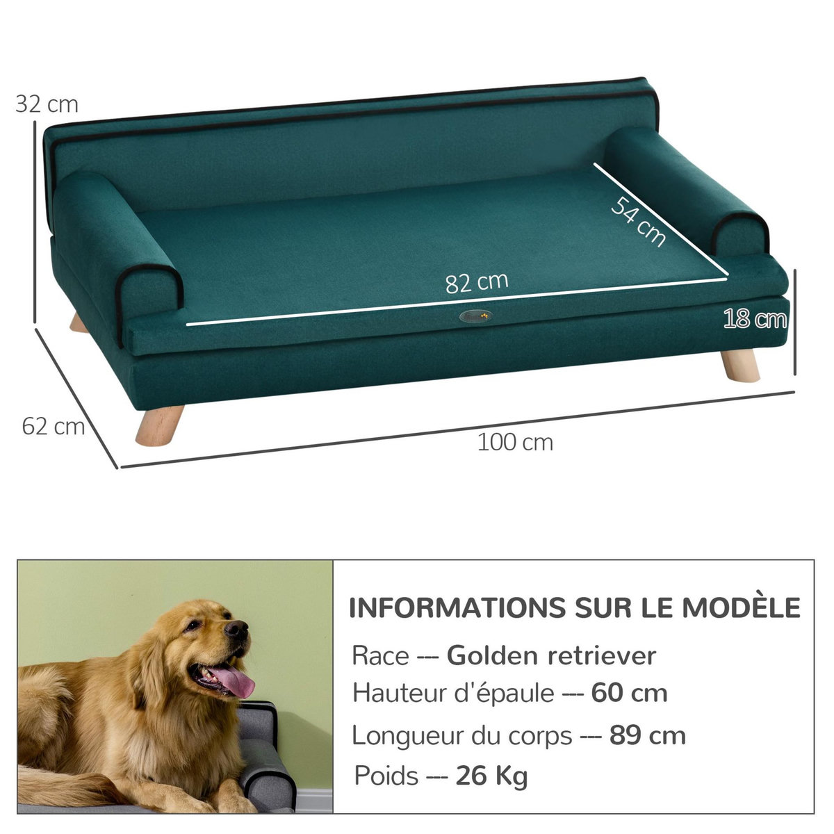 PAWHUT Canapé chien lit pour chien design scandinave coussin moelleux piètement bois dim. 100L x 62l x 32H cm polyester bleu canard