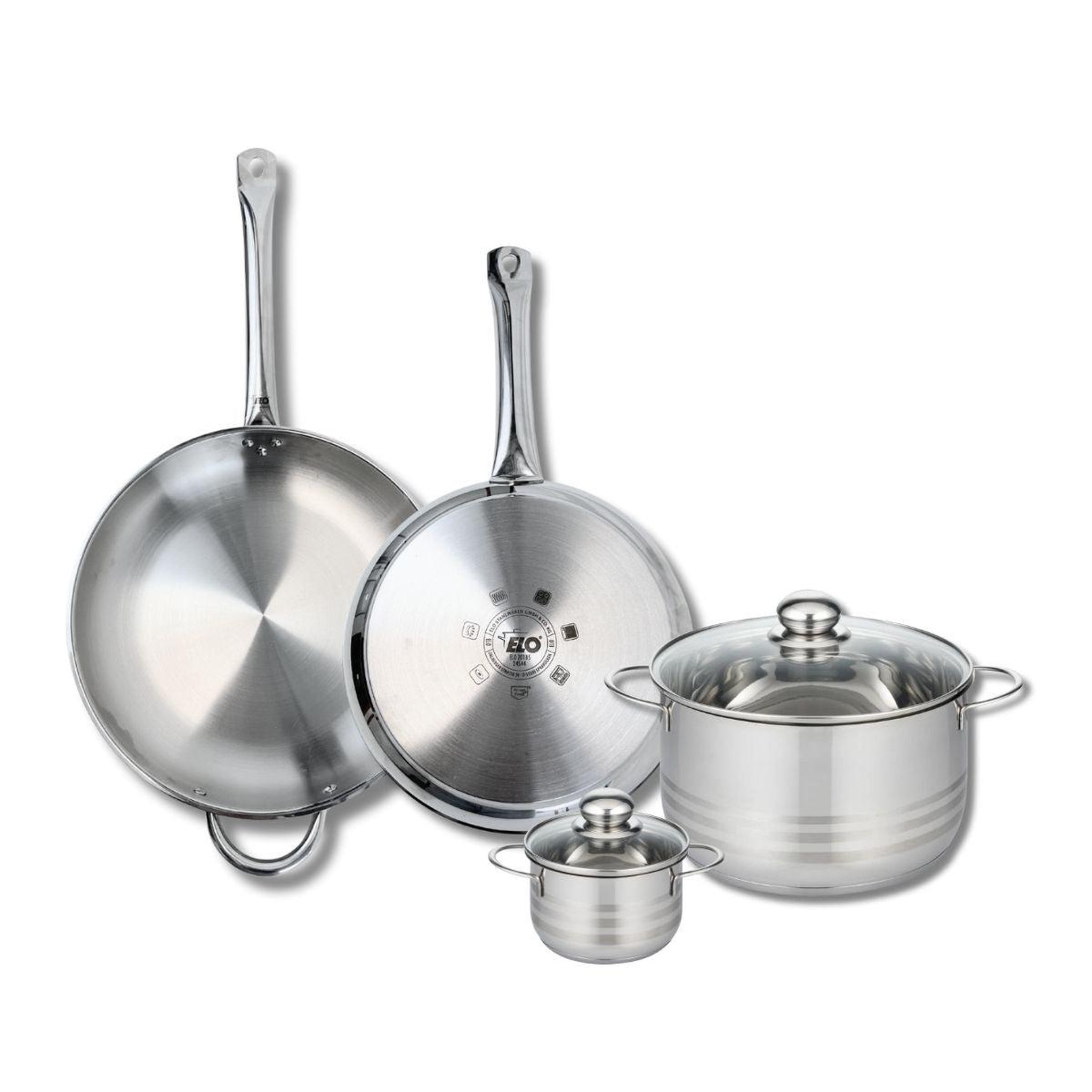 ELO Ensemble de 2 poêles de cuisson 28 et 32 cm et 2 faitouts 12 et 24 cm elo profi brillant