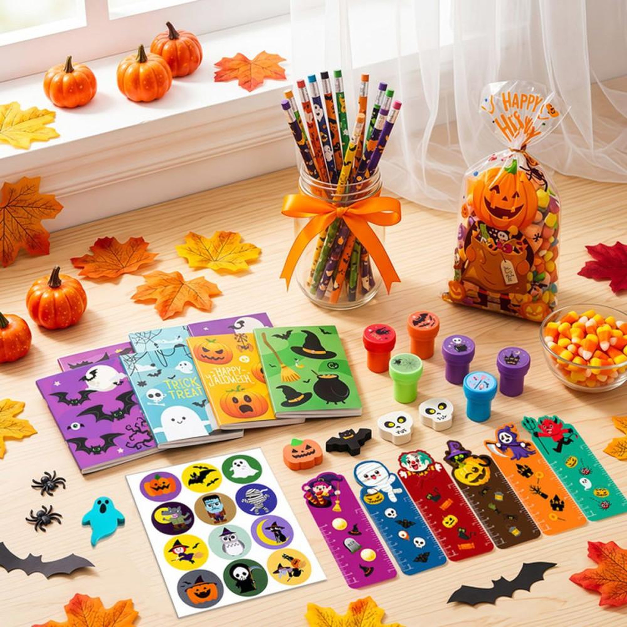 Voir la diapositive 6 : Kit de remplissage pour piñata Halloween 84 pièces : stickers, badges, sacs à bonbons et accessoires