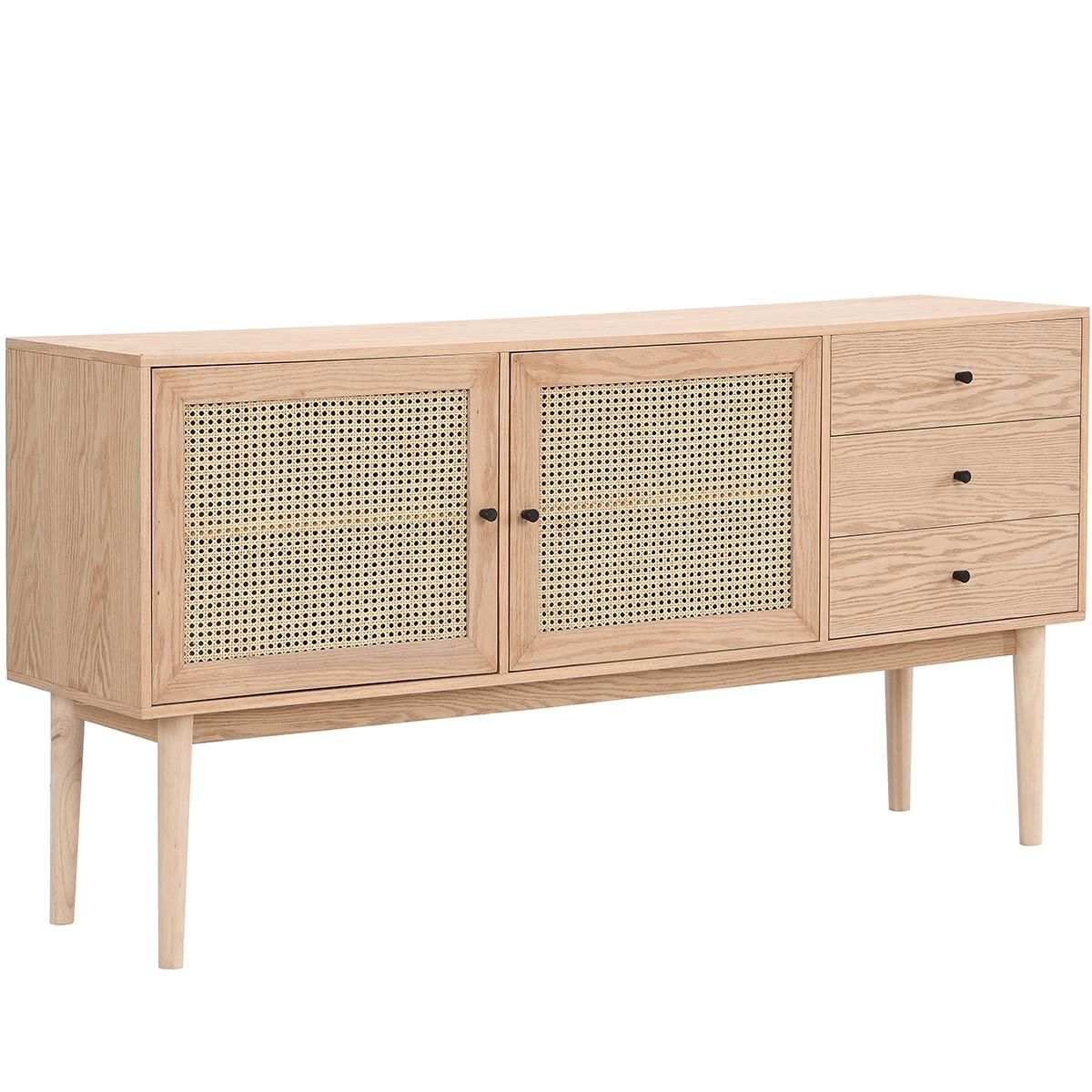 HOMIFAB Buffet 2 portes 3 tiroirs en bois et cannage naturel 170 cm - Eden