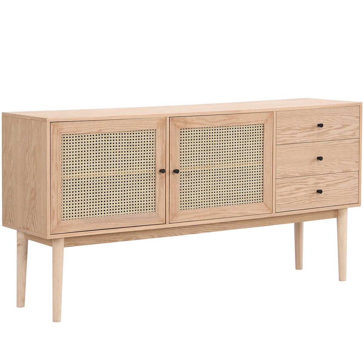HOMIFAB Buffet 2 portes 3 tiroirs en bois et cannage naturel 170 cm - Eden
