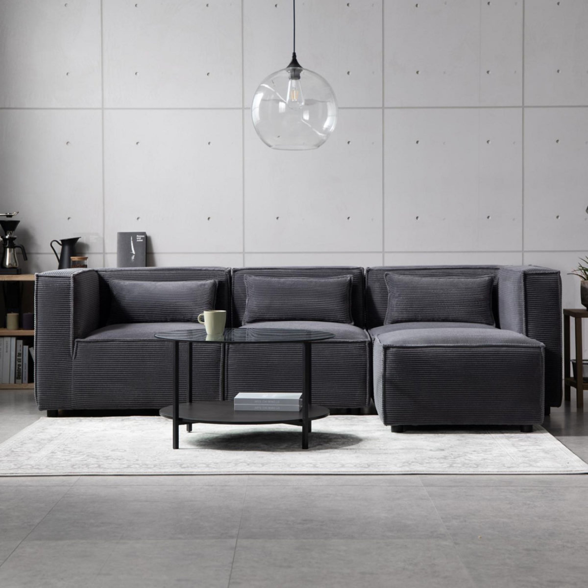 CONCEPT USINE Canapé modulable 3 places velours côtelé gris avec pouf MODULAR