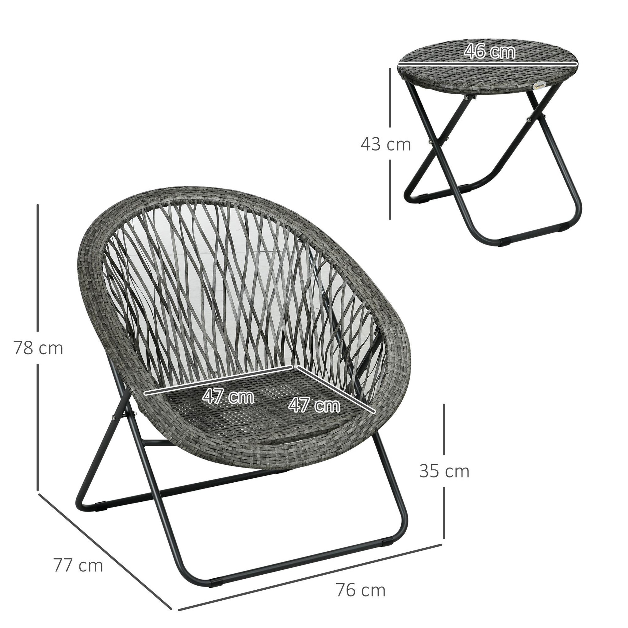 Voir la diapositive 3 : OUTSUNNY Ensemble bistro de jardin style acapulco 3 pcs pliables - 2 fauteuils, table basse - acier résine tressée gris