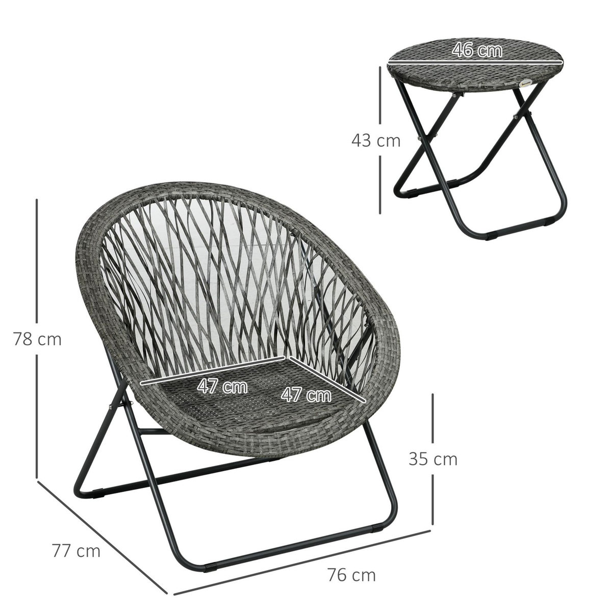 OUTSUNNY Ensemble bistro de jardin style Acapulco 3 pcs pliables - 2 fauteuils, table basse - acier résine tressée gris