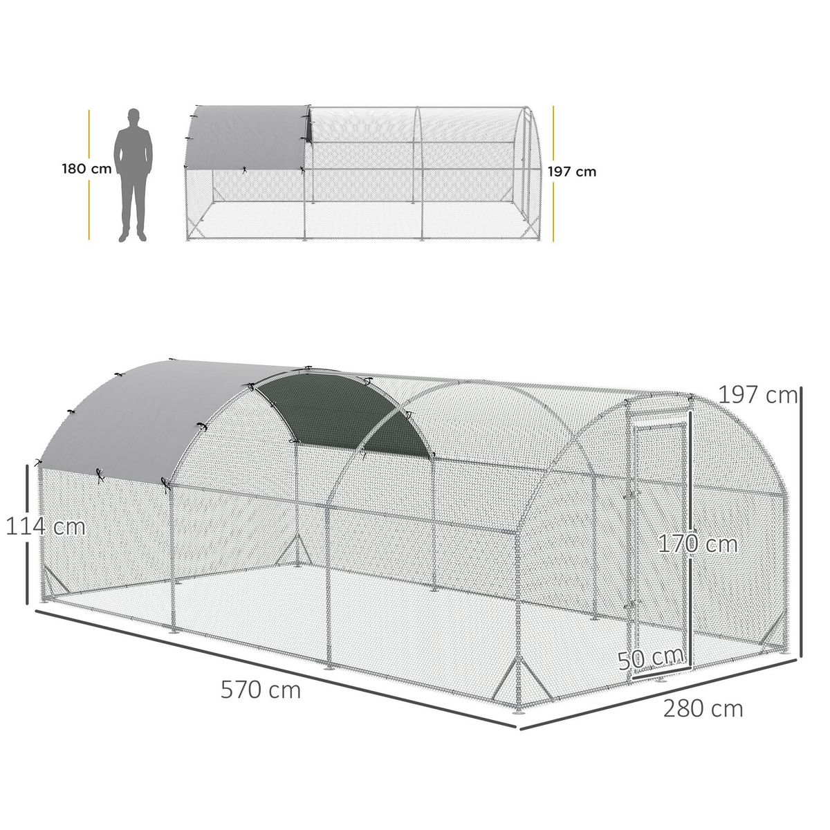 PAWHUT Enclos poulailler chenil 15,96 m² - parc grillagé dim. 5,7L x 2,8l x 1,97H m - espace couvert - acier galvanisé
