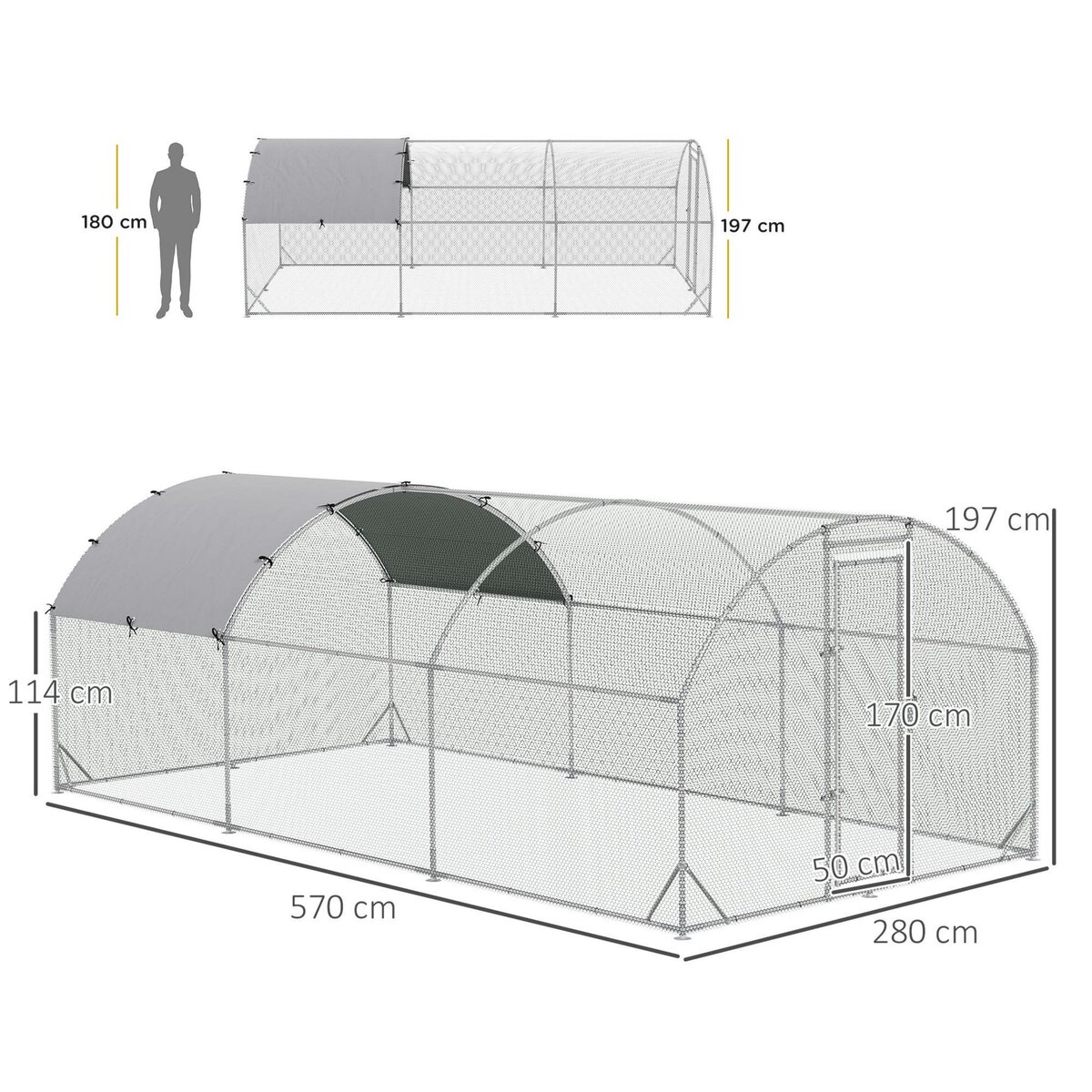 PAWHUT Enclos poulailler chenil 15,96 m² - parc grillagé dim. 5,7L x 2,8l x 1,97H m - espace couvert - acier galvanisé