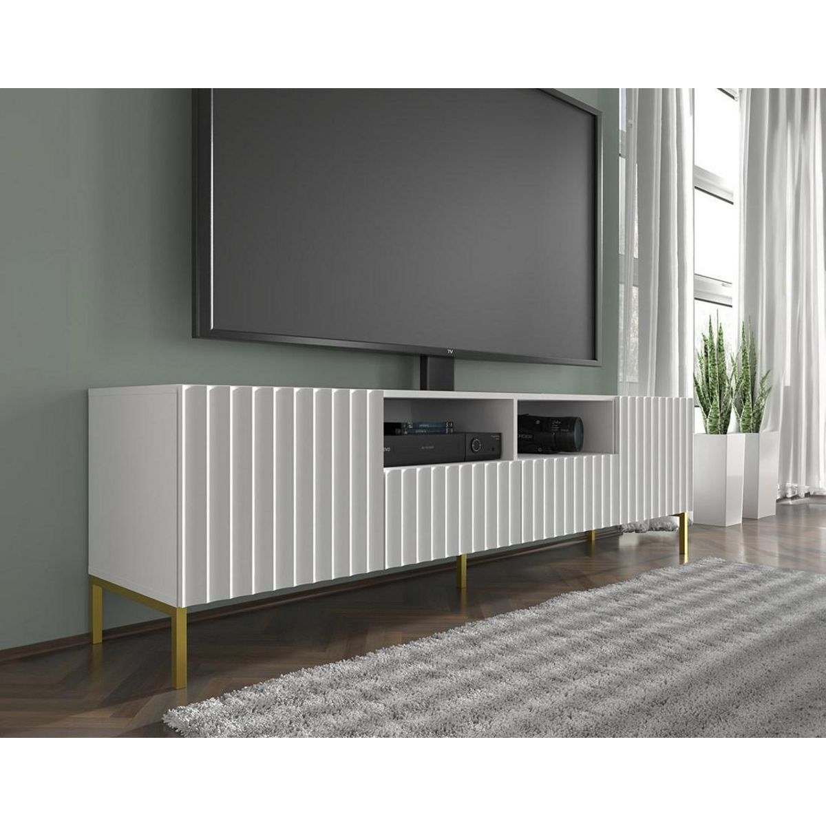 BEST MOBILIER Lara - meuble tv - pieds dorés - 2 tiroirs - 200 cm