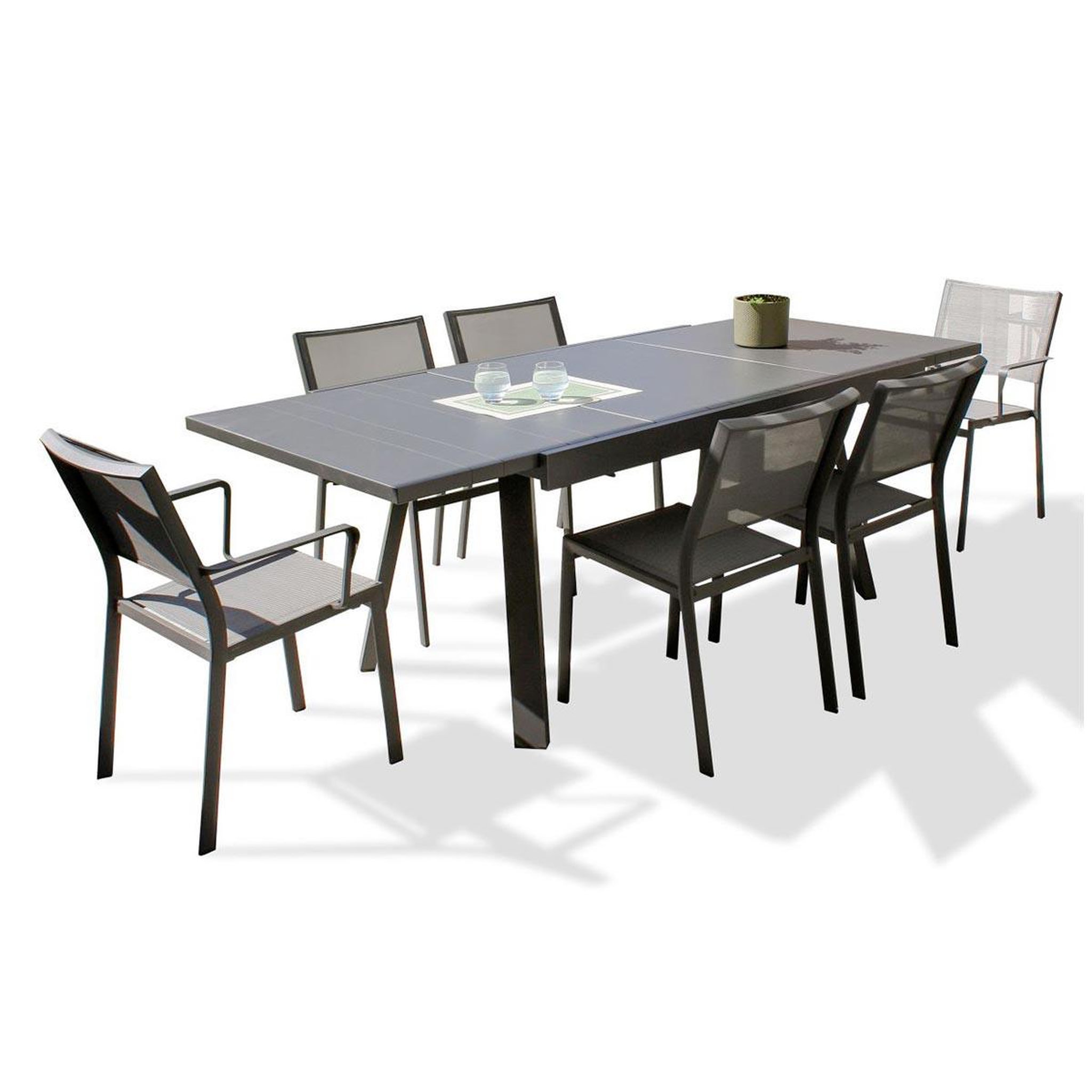 DCB GARDEN Ensemble Table de Jardin 4 Chaises & 2 Fauteuils  Stockholm  150-225cm Gris Anthracite