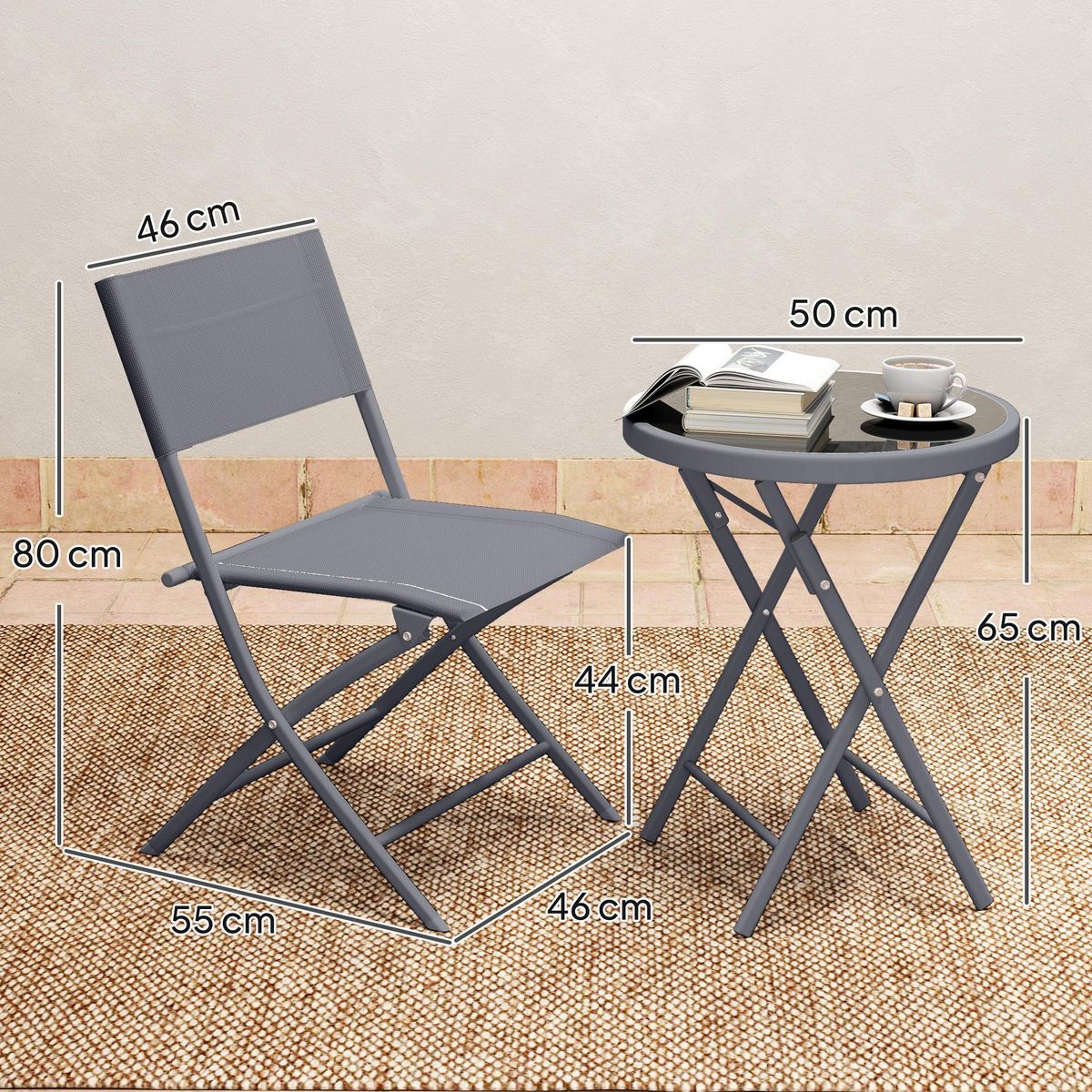 OUTSUNNY Ensemble jardin 2 personnes pliable - ensemble bistrot de jardin 3 pièces - métal époxy gris