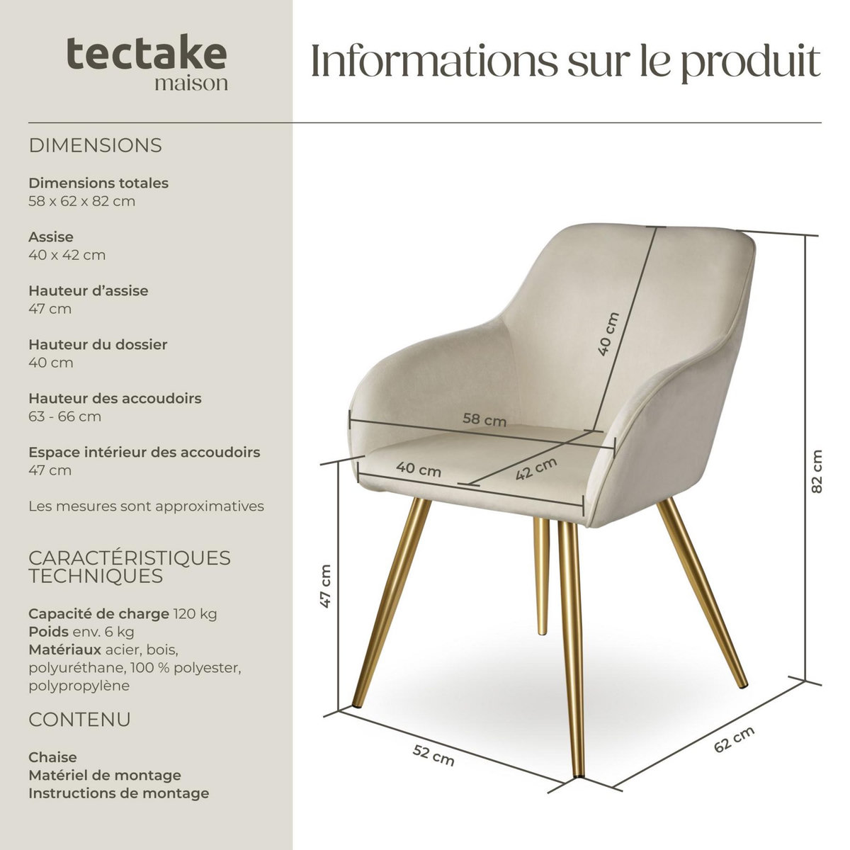 tectake Chaise rembourrée aspect velours crème/or