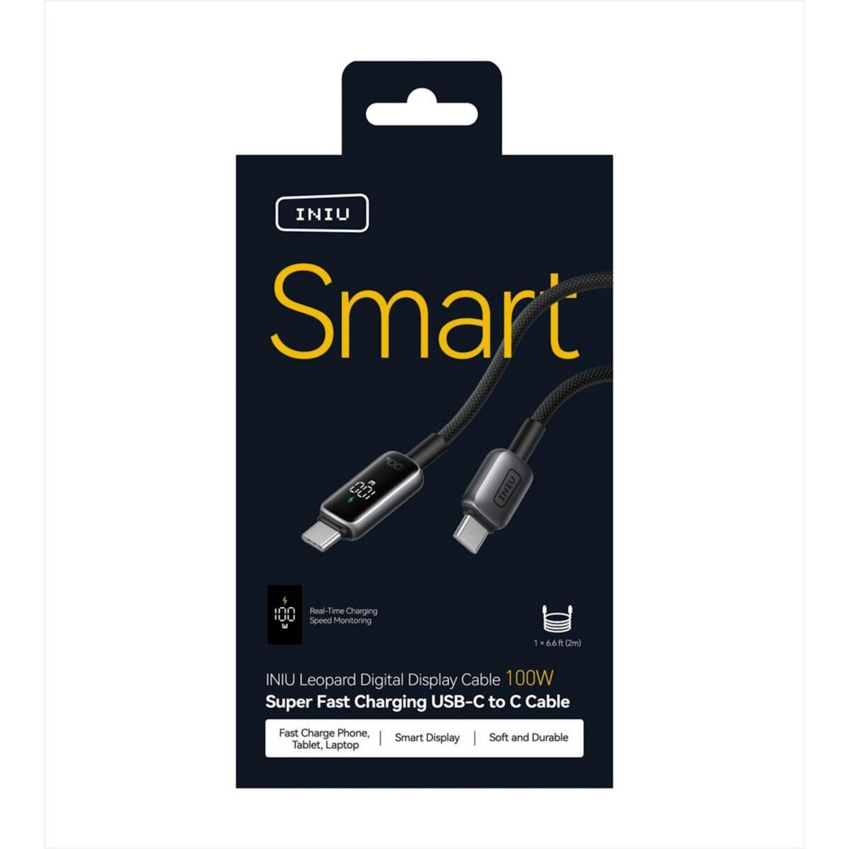 INIU Câble de charge vers USB-C 100W affichage digital noir