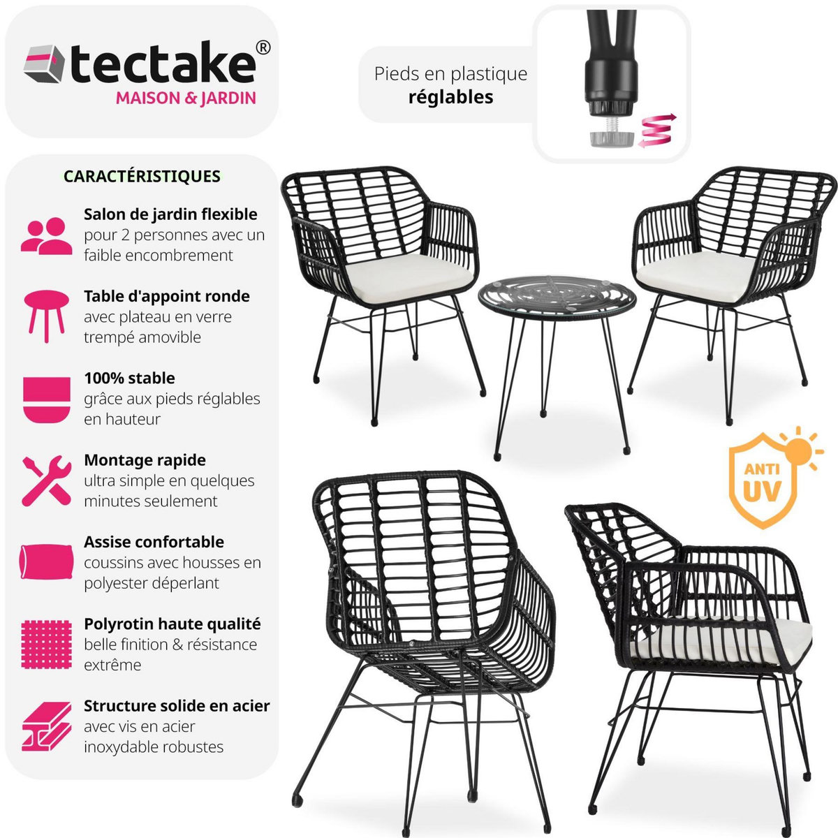 tectake Salon de jardin pour 2 personnes noir