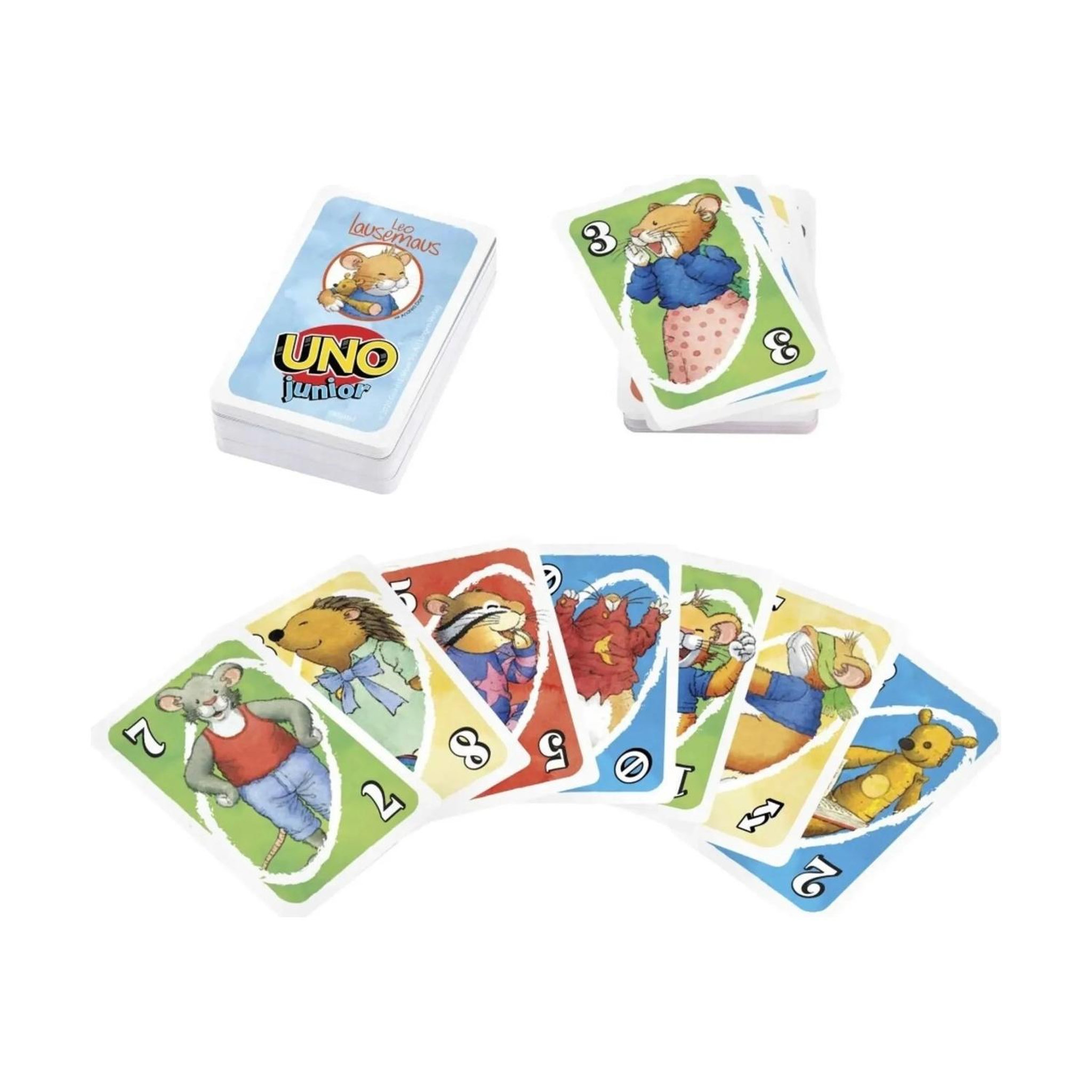 Voir la diapositive 5 : MATTEL Jeu de cartes UNO Junior Leo Lausemaus