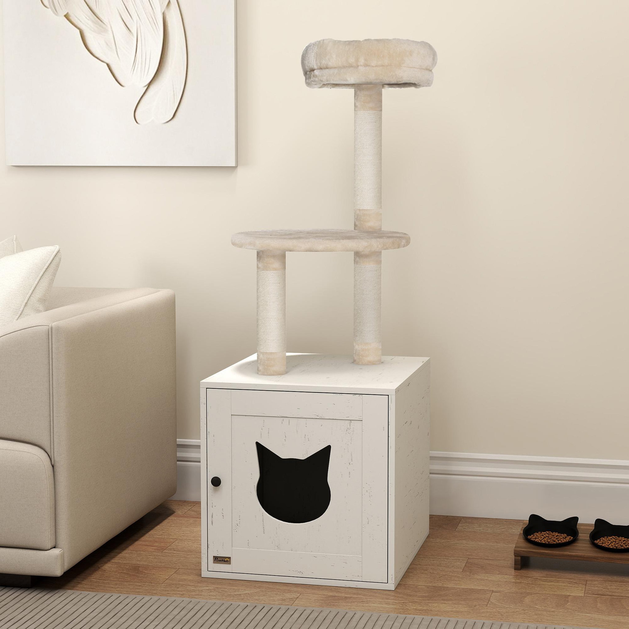 Voir la diapositive 2 : PAWHUT Arbre à chat maison de toilette 2 en 1 - h.129 cm - porte tête de chat - plateforme panier observation - blanc crème
