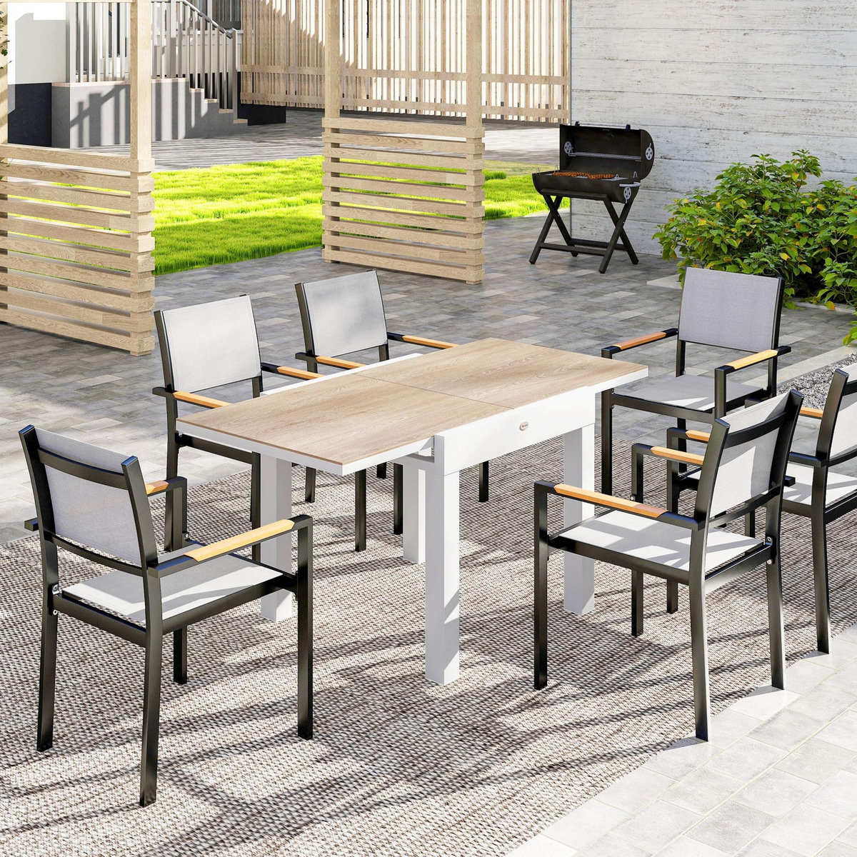 OUTSUNNY Table de jardin extensible 6 places 80/160 cm aluminium traité époxy gris clair plateau effet bois