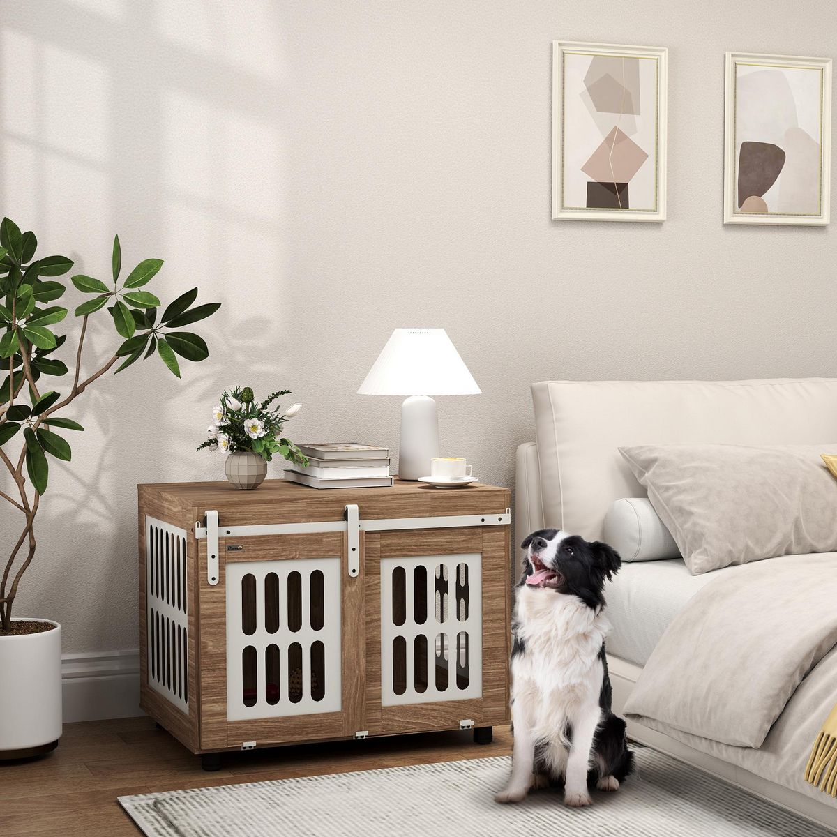 PAWHUT Cage pour chien en bois - porte coulissante verrouillable - dim. 80 x 59 x 63 cm - acier beige effet bois noyer