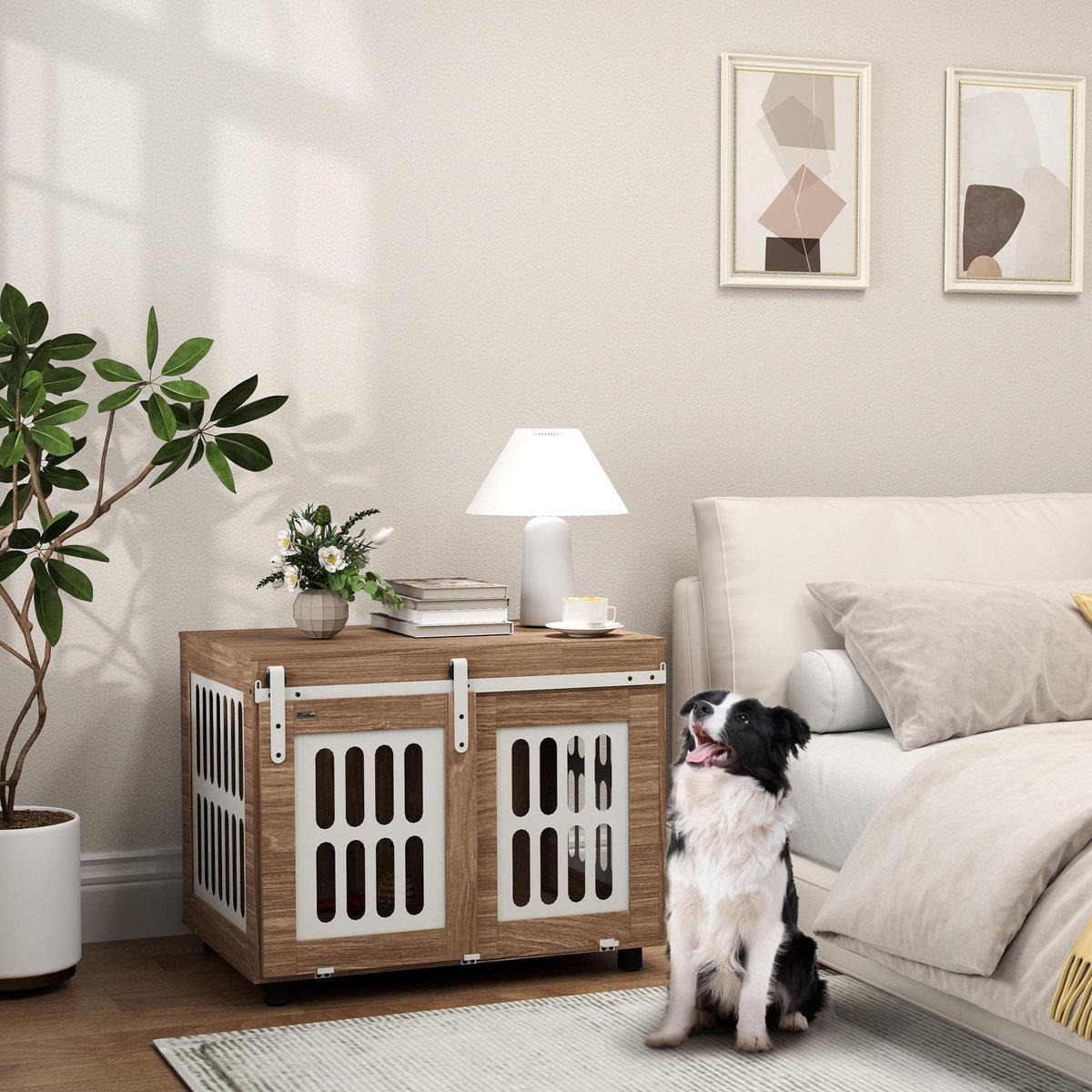 PAWHUT Cage pour chien en bois - porte coulissante verrouillable - dim. 80 x 59 x 63 cm - acier beige effet bois noyer