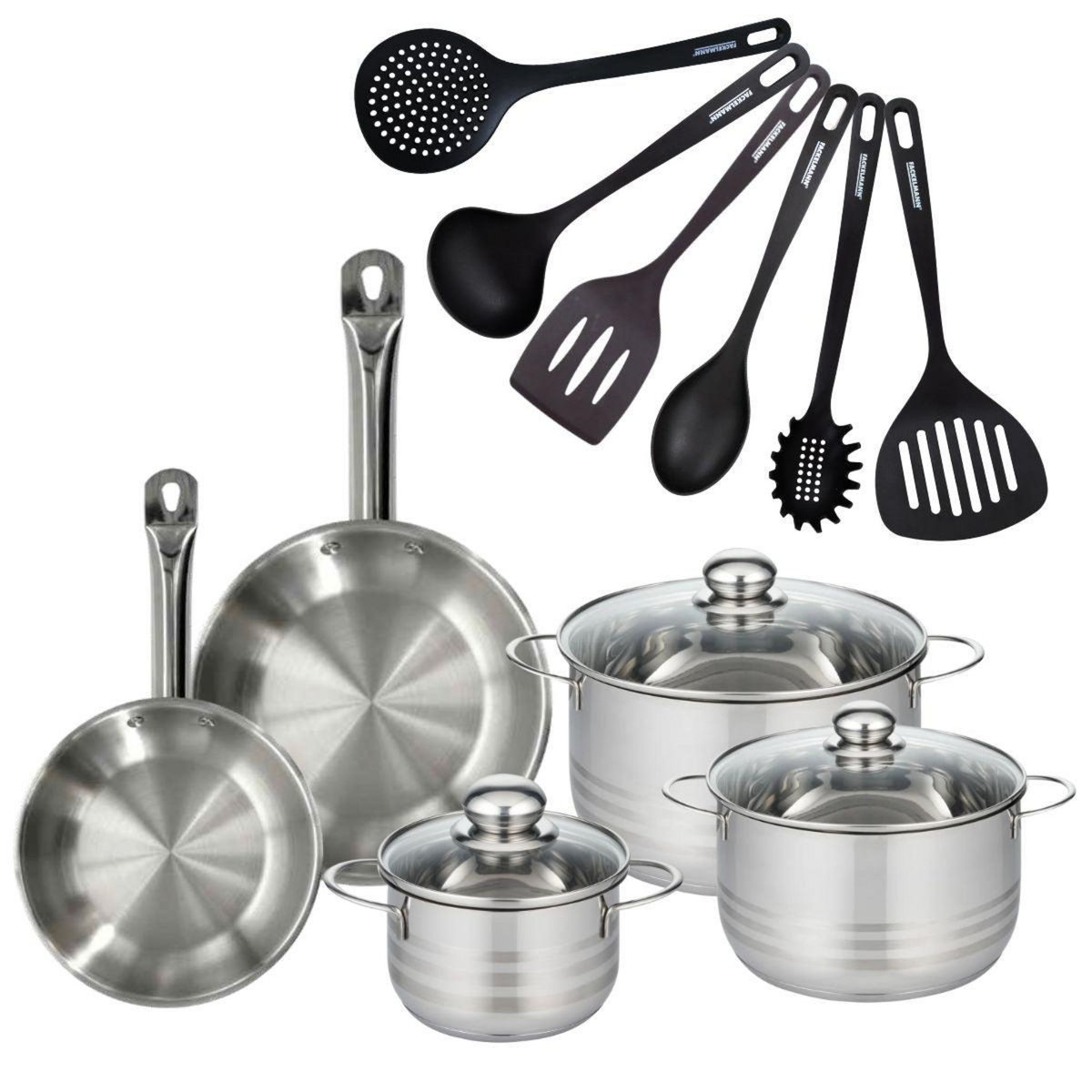 Fackelmann Set 2 poêles 20 24 cm en inox, 3 faitouts inox 16, 20 et 24 cm et 6 ustensiles RPET Fackelmann Eterna