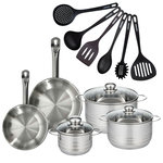 Fackelmann Set 2 poêles 20 24 cm en inox, 3 faitouts inox 16, 20 et 24 cm et 6 ustensiles RPET Fackelmann Eterna
