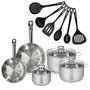 Voir la diapositive 1 : Fackelmann Set 2 poêles 20 24 cm en inox, 3 faitouts inox 16, 20 et 24 cm et 6 ustensiles RPET Fackelmann Eterna