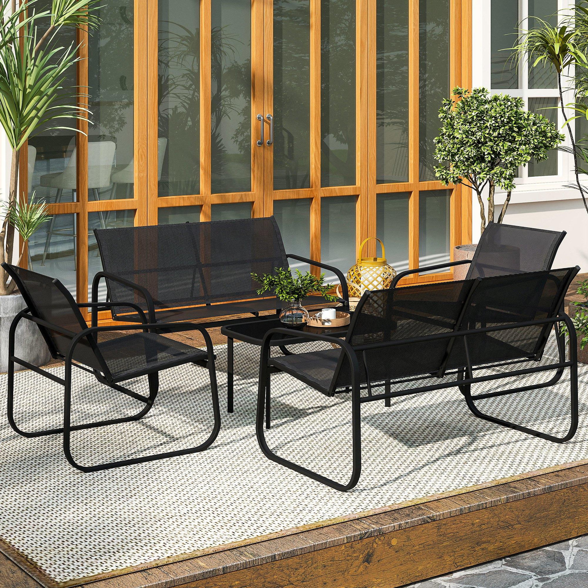 Voir la diapositive 5 : OUTSUNNY Ensemble salon de jardin relax 6 personnes 5 pièces plateau verre trempé acier textilène noir