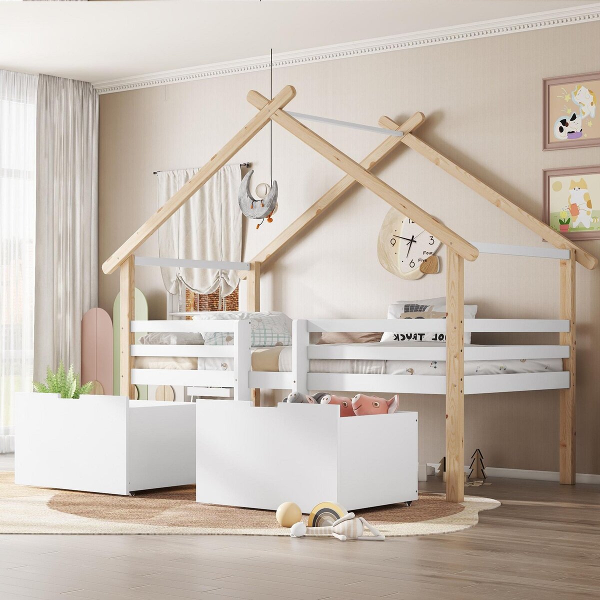 MERAX Lit cabane enfant 90x200cm bois et mdf coloris blanc+naturel